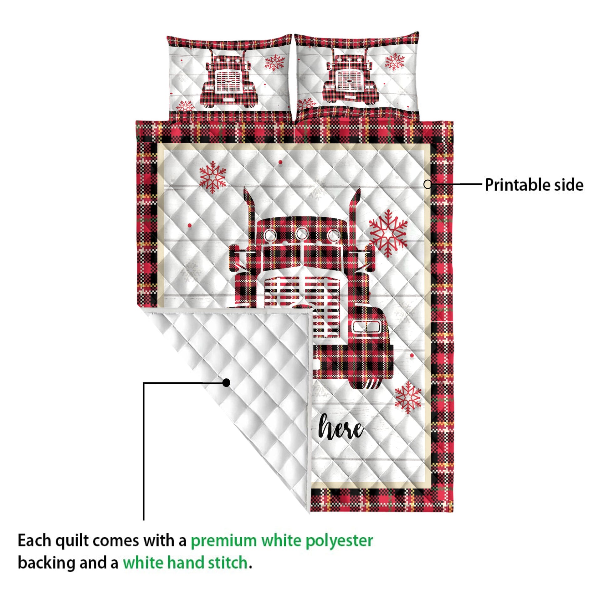 Ohaprints-Quilt-Bed-Set-Pillowcase-Christmas-Red-Truck-Snowflake-Red-Plaid-Custom-Personalized-Name-Blanket-Bedspread-Bedding-4243-Queen (80'' x 90'')