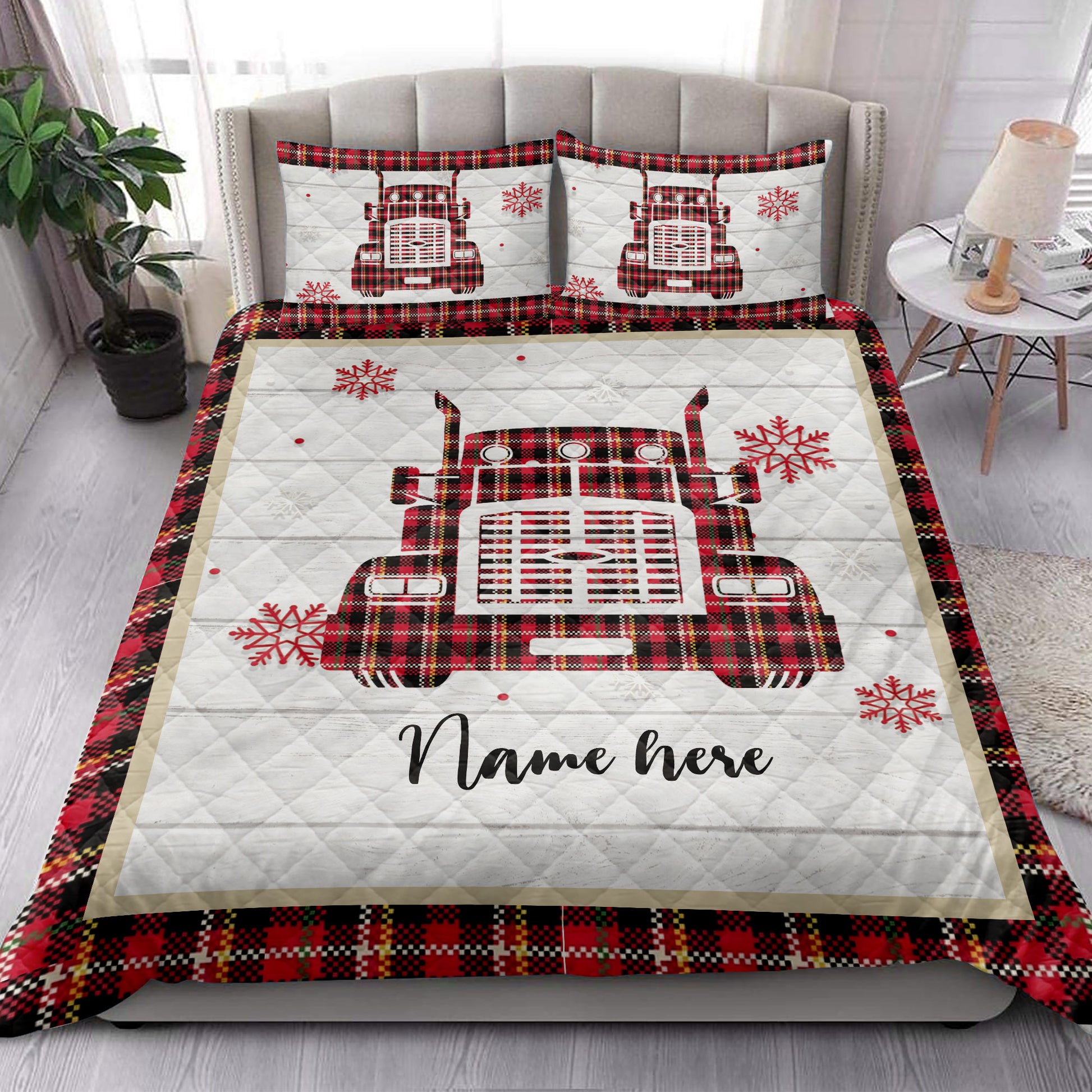 Ohaprints-Quilt-Bed-Set-Pillowcase-Christmas-Red-Truck-Snowflake-Red-Plaid-Custom-Personalized-Name-Blanket-Bedspread-Bedding-4243-King (90'' x 100'')