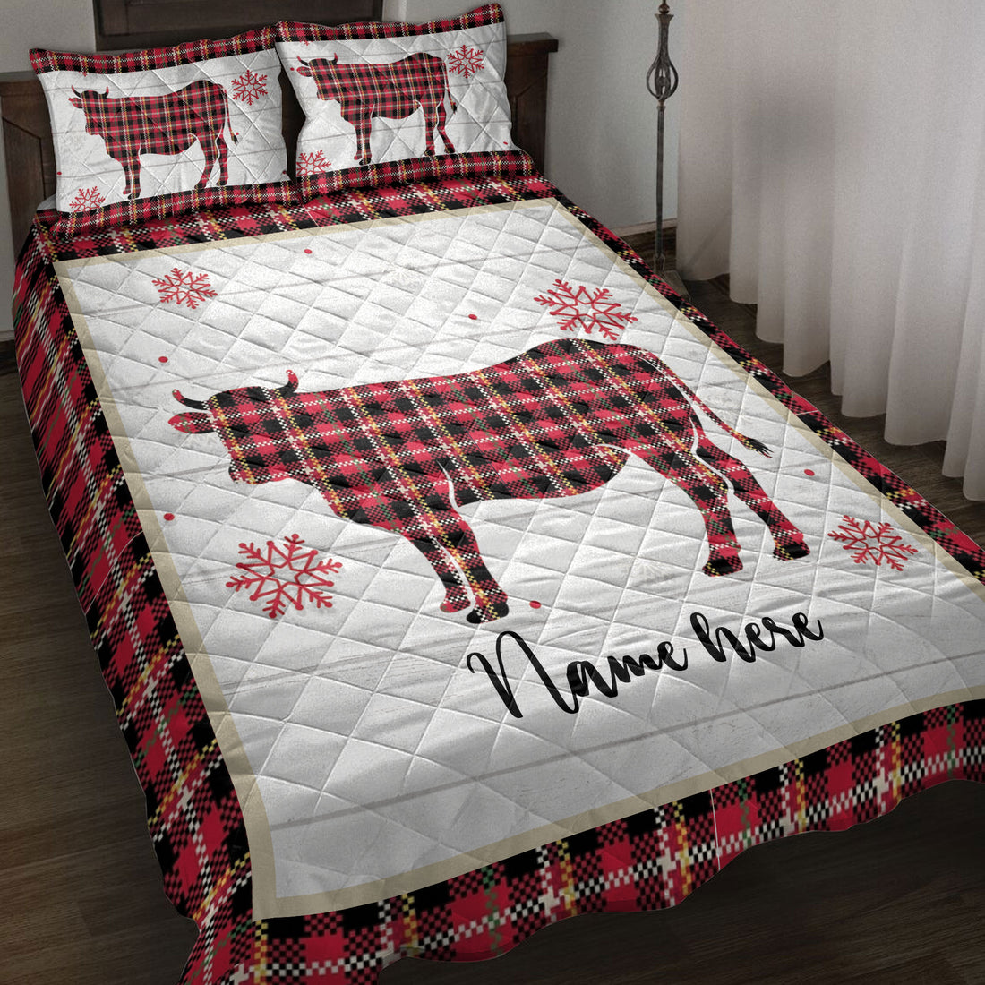 Ohaprints-Quilt-Bed-Set-Pillowcase-Christmas-Cow-Snowflake-Red-Plaid-Custom-Personalized-Name-Blanket-Bedspread-Bedding-4250-Throw (55'' x 60'')