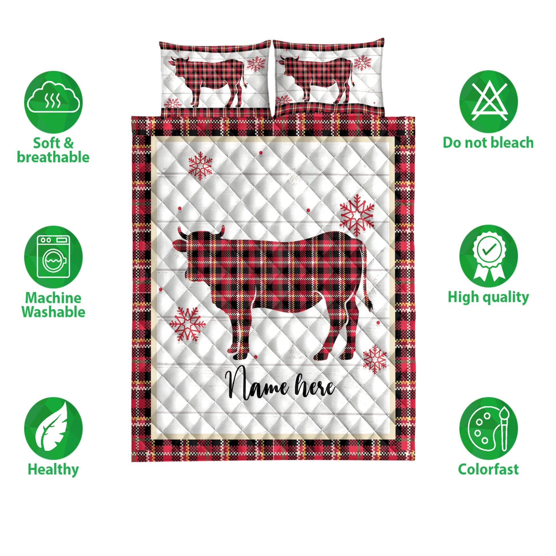 Ohaprints-Quilt-Bed-Set-Pillowcase-Christmas-Cow-Snowflake-Red-Plaid-Custom-Personalized-Name-Blanket-Bedspread-Bedding-4250-Double (70'' x 80'')