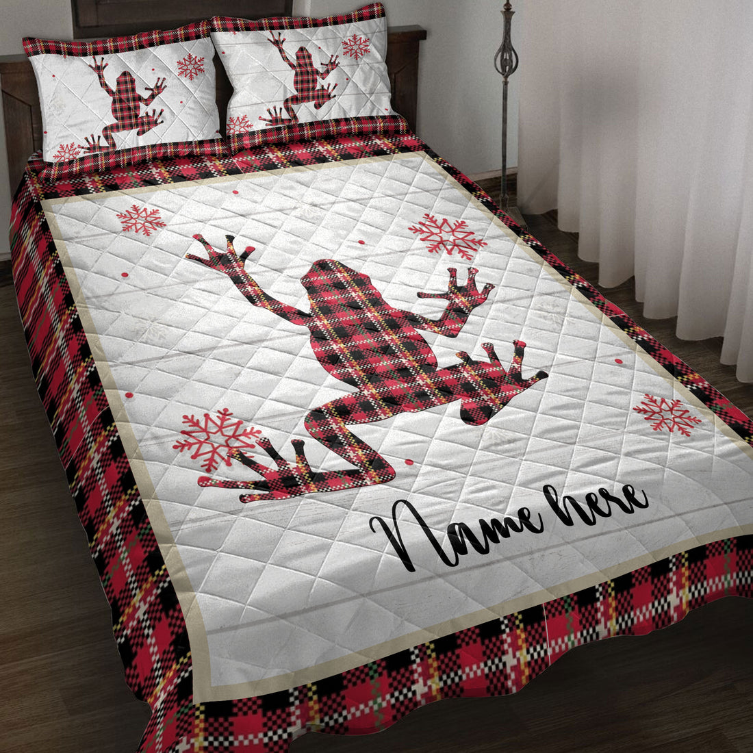 Ohaprints-Quilt-Bed-Set-Pillowcase-Christmas-Frog-Snowflake-Red-Plaid-Custom-Personalized-Name-Blanket-Bedspread-Bedding-4251-Throw (55'' x 60'')