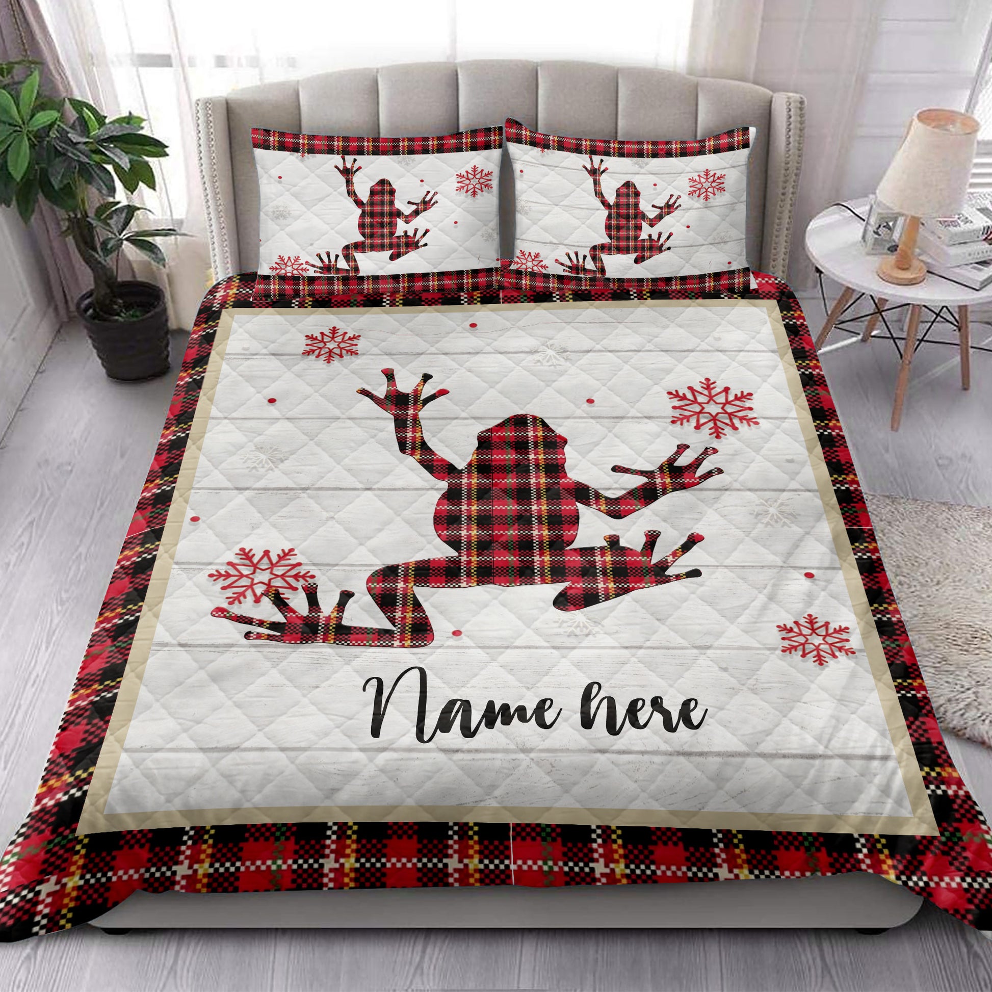 Ohaprints-Quilt-Bed-Set-Pillowcase-Christmas-Frog-Snowflake-Red-Plaid-Custom-Personalized-Name-Blanket-Bedspread-Bedding-4251-King (90'' x 100'')