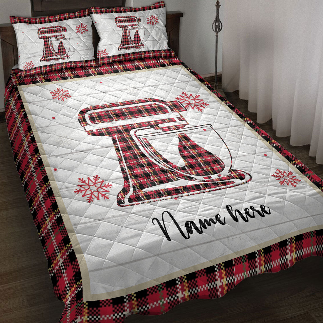 Ohaprints-Quilt-Bed-Set-Pillowcase-Christmas-Baking-Mixer-Snowflake-Red-Plaid-Custom-Personalized-Name-Blanket-Bedspread-Bedding-4252-Throw (55'' x 60'')