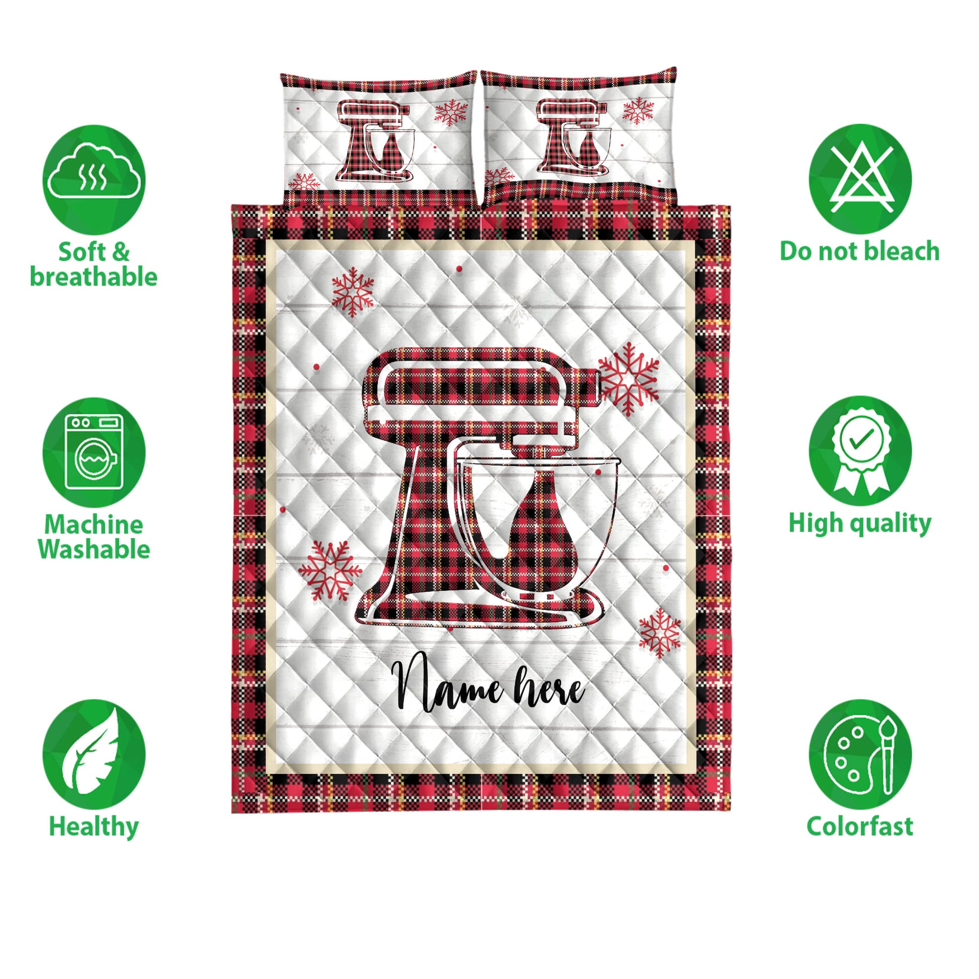 Ohaprints-Quilt-Bed-Set-Pillowcase-Christmas-Baking-Mixer-Snowflake-Red-Plaid-Custom-Personalized-Name-Blanket-Bedspread-Bedding-4252-Double (70'' x 80'')