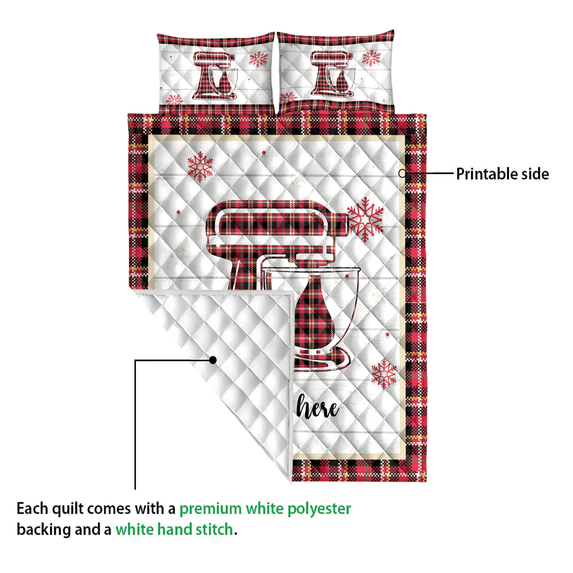 Ohaprints-Quilt-Bed-Set-Pillowcase-Christmas-Baking-Mixer-Snowflake-Red-Plaid-Custom-Personalized-Name-Blanket-Bedspread-Bedding-4252-Queen (80'' x 90'')