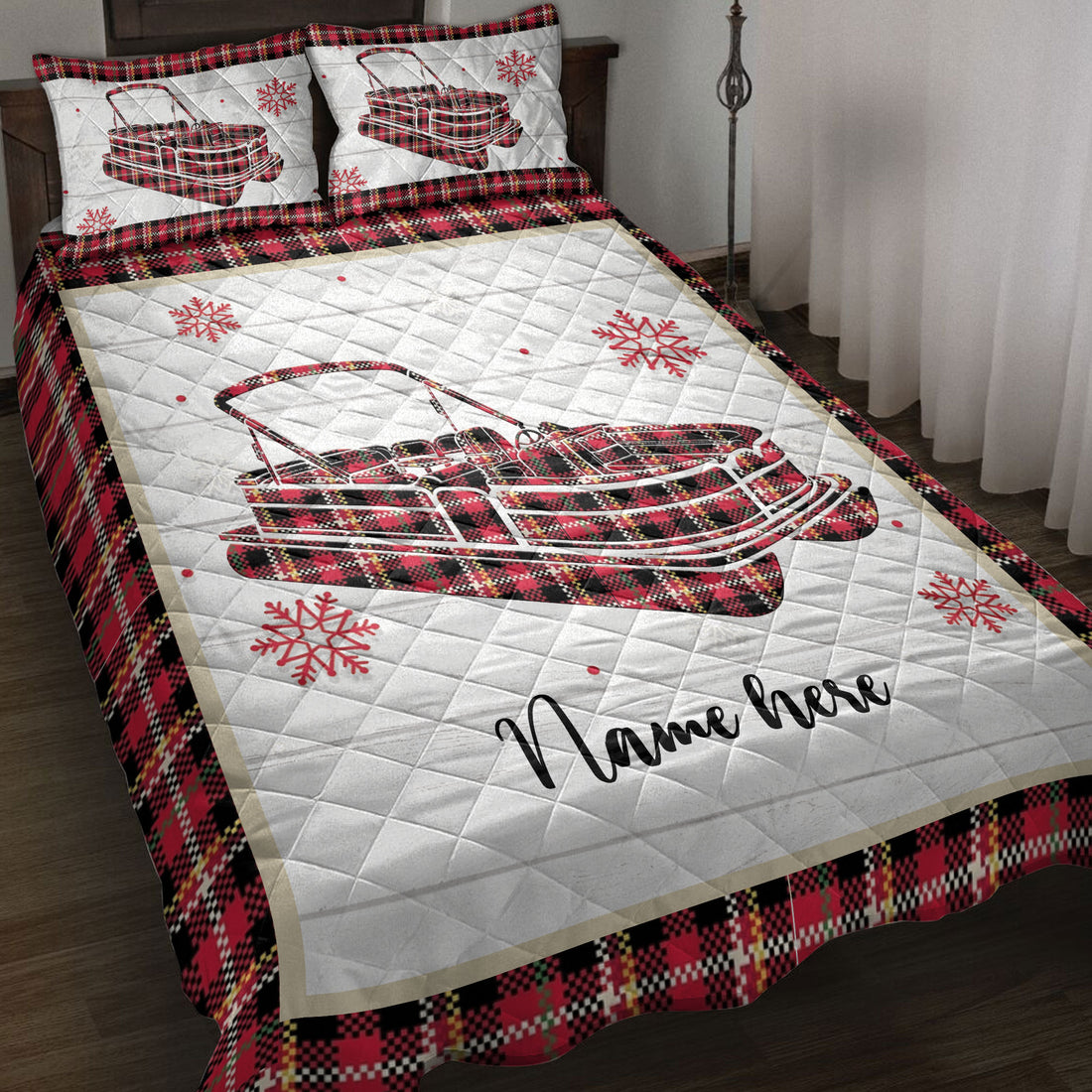 Ohaprints-Quilt-Bed-Set-Pillowcase-Christmas-Pontoon-Boat-Snowflake-Red-Plaid-Custom-Personalized-Name-Blanket-Bedspread-Bedding-4253-Throw (55'' x 60'')