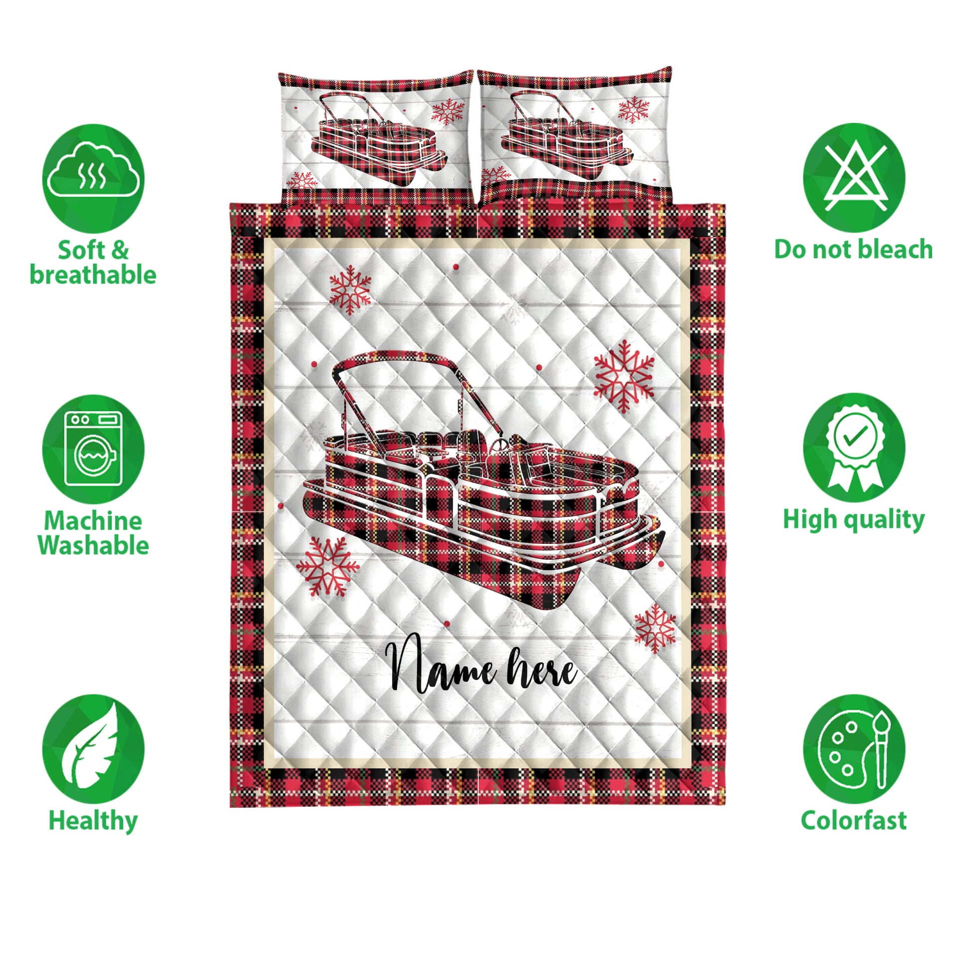 Ohaprints-Quilt-Bed-Set-Pillowcase-Christmas-Pontoon-Boat-Snowflake-Red-Plaid-Custom-Personalized-Name-Blanket-Bedspread-Bedding-4253-Double (70'' x 80'')