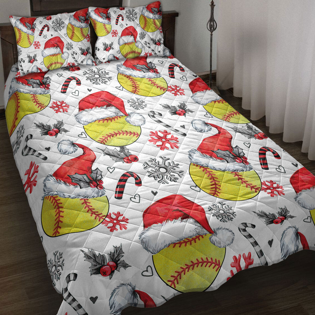 Ohaprints-Quilt-Bed-Set-Pillowcase-Softball-Christmas-Hat-With-Snowflake-Candy-Gift-For-Fan-Lovers-Blanket-Bedspread-Bedding-4255-Throw (55'' x 60'')