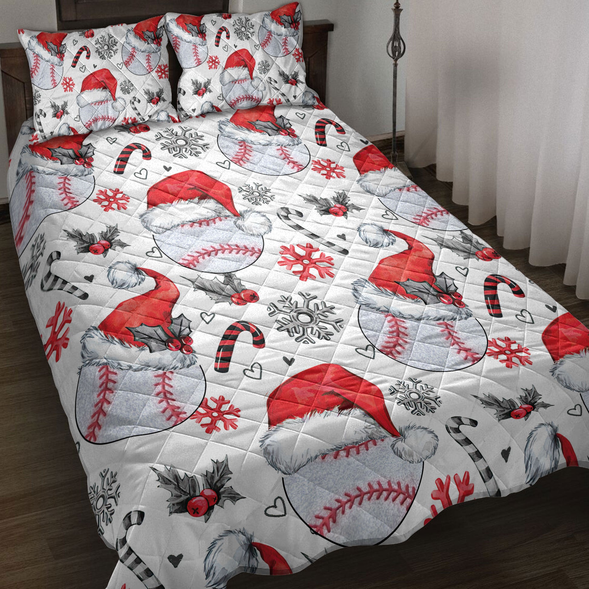 Ohaprints-Quilt-Bed-Set-Pillowcase-Baseball-Christmas-Hat-With-Snowflake-Candy-Gift-For-Fan-Lovers-Blanket-Bedspread-Bedding-4256-Throw (55'' x 60'')