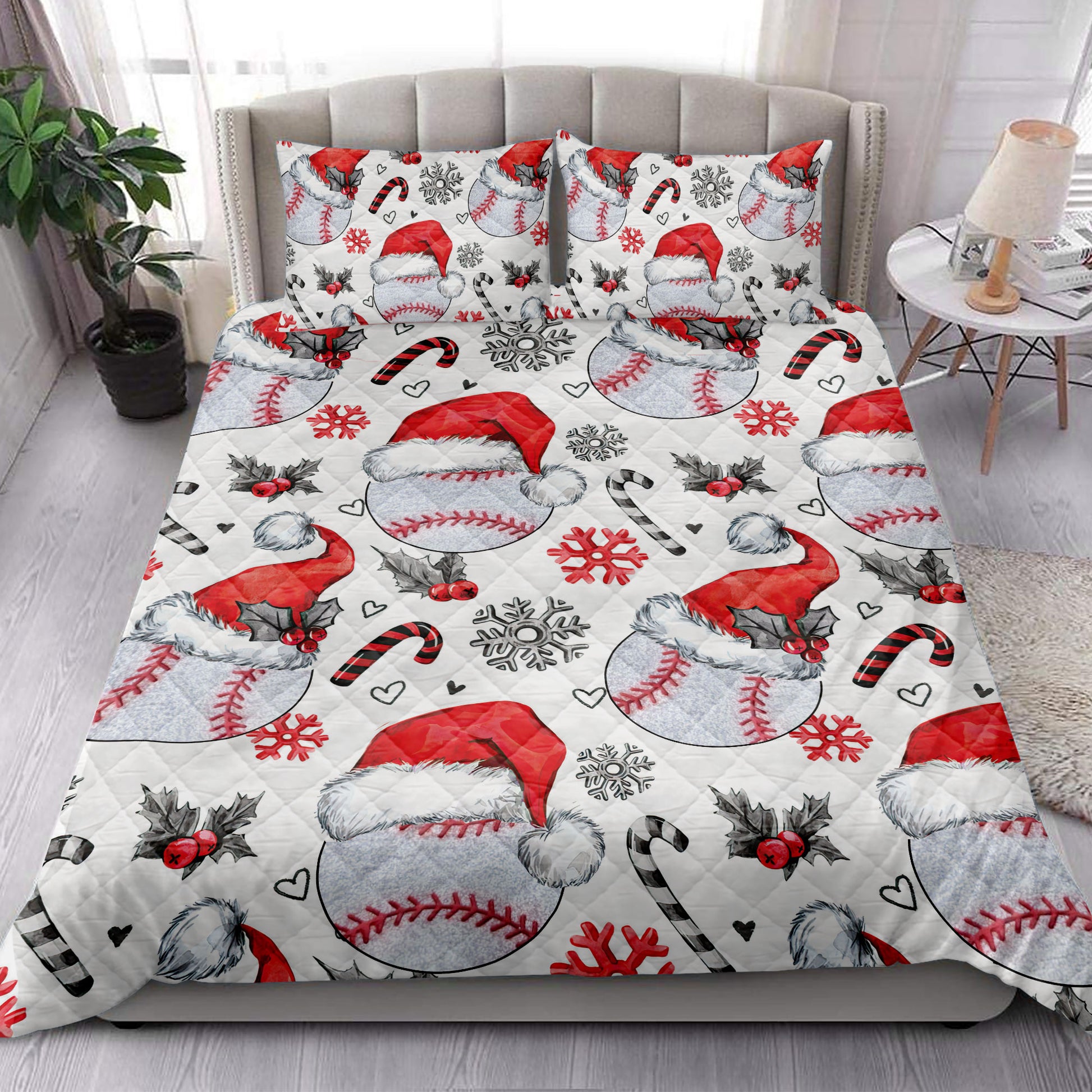 Ohaprints-Quilt-Bed-Set-Pillowcase-Baseball-Christmas-Hat-With-Snowflake-Candy-Gift-For-Fan-Lovers-Blanket-Bedspread-Bedding-4256-King (90'' x 100'')