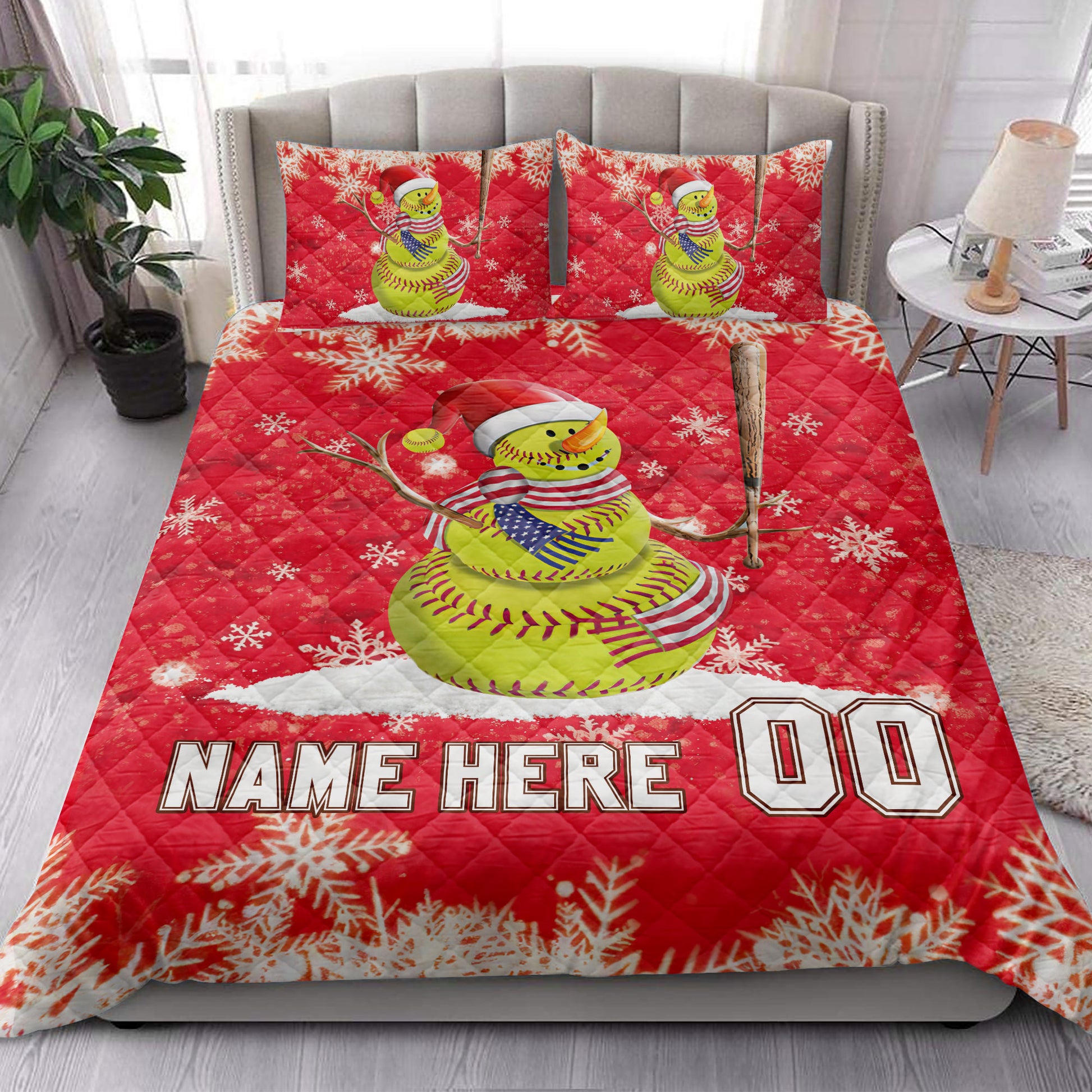 Ohaprints-Quilt-Bed-Set-Pillowcase-Softball-Snowman-Christmas-Gift-Custom-Personalized-Name-Number-Blanket-Bedspread-Bedding-4261-King (90'' x 100'')