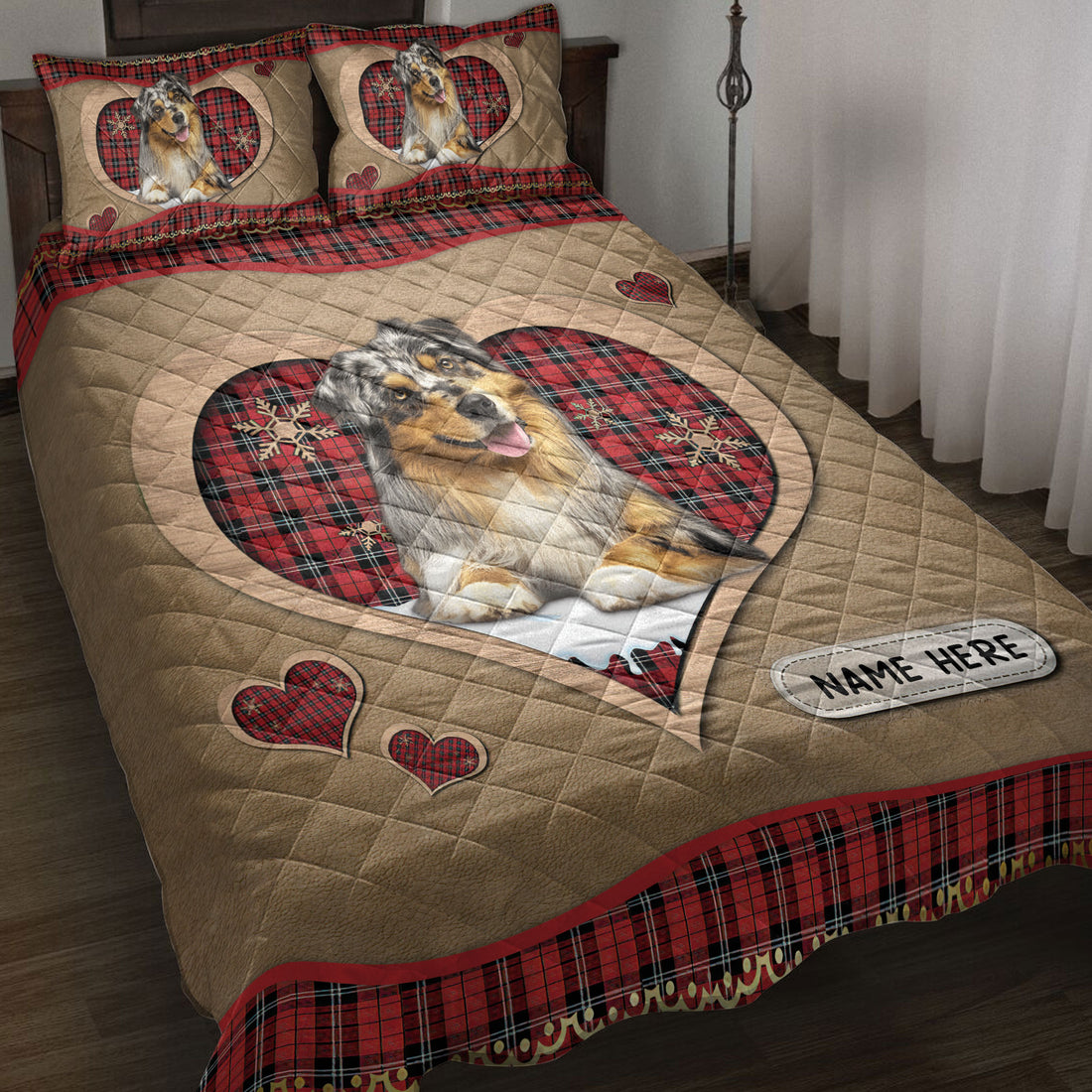 Ohaprints-Quilt-Bed-Set-Pillowcase-Australian-Shepherd-Christmas-Heart-Pattern-Custom-Personalized-Name-Blanket-Bedspread-Bedding-4262-Throw (55'' x 60'')