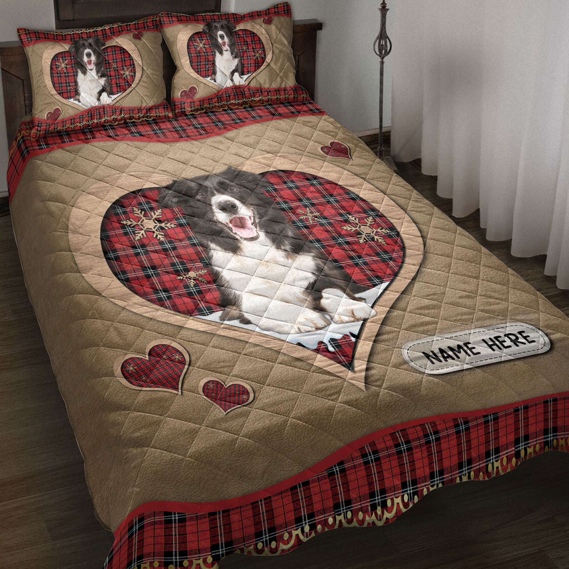 Ohaprints-Quilt-Bed-Set-Pillowcase-Border-Collie-Christmas-Heart-Red-Plaid-Custom-Personalized-Name-Blanket-Bedspread-Bedding-4263-Throw (55'' x 60'')