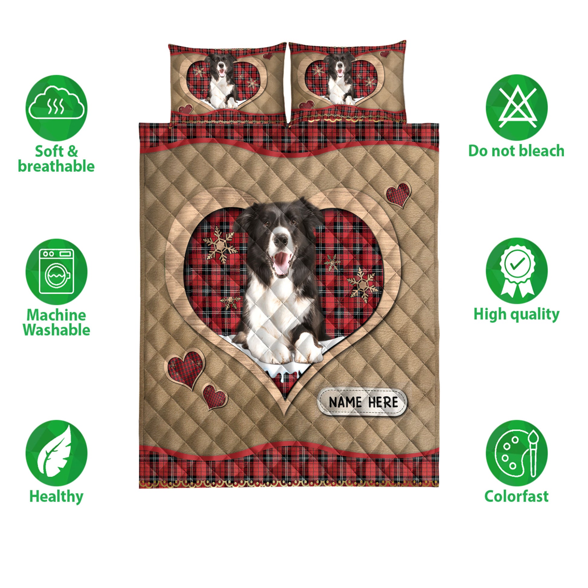 Ohaprints-Quilt-Bed-Set-Pillowcase-Border-Collie-Christmas-Heart-Red-Plaid-Custom-Personalized-Name-Blanket-Bedspread-Bedding-4263-Double (70'' x 80'')