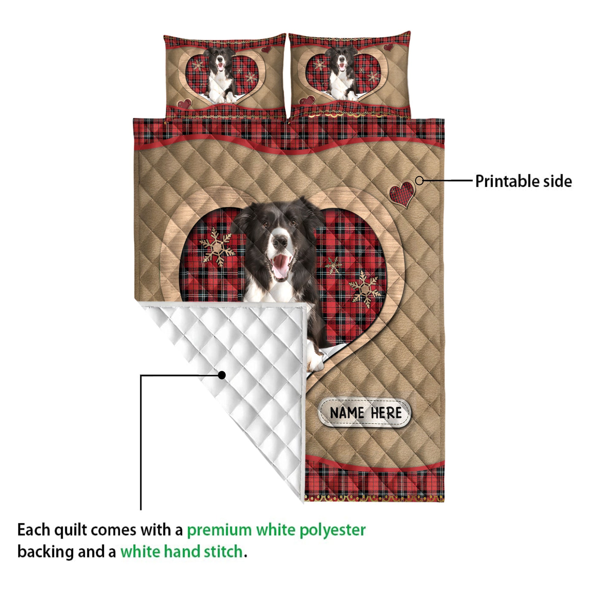 Ohaprints-Quilt-Bed-Set-Pillowcase-Border-Collie-Christmas-Heart-Red-Plaid-Custom-Personalized-Name-Blanket-Bedspread-Bedding-4263-Queen (80'' x 90'')