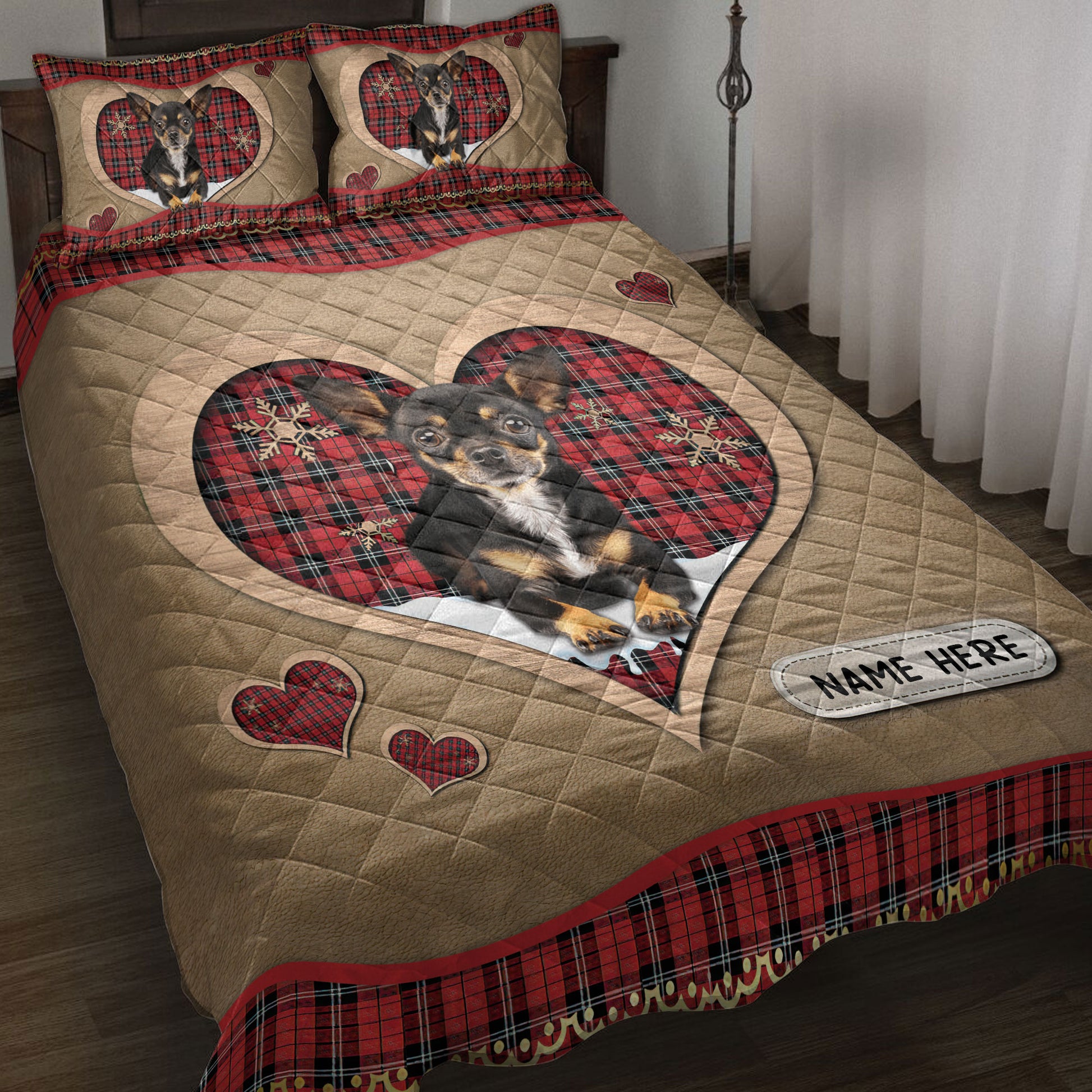 Ohaprints-Quilt-Bed-Set-Pillowcase-Chihuahua-Christmas-Heart-Red-Plaid-Custom-Personalized-Name-Blanket-Bedspread-Bedding-4264-Throw (55'' x 60'')