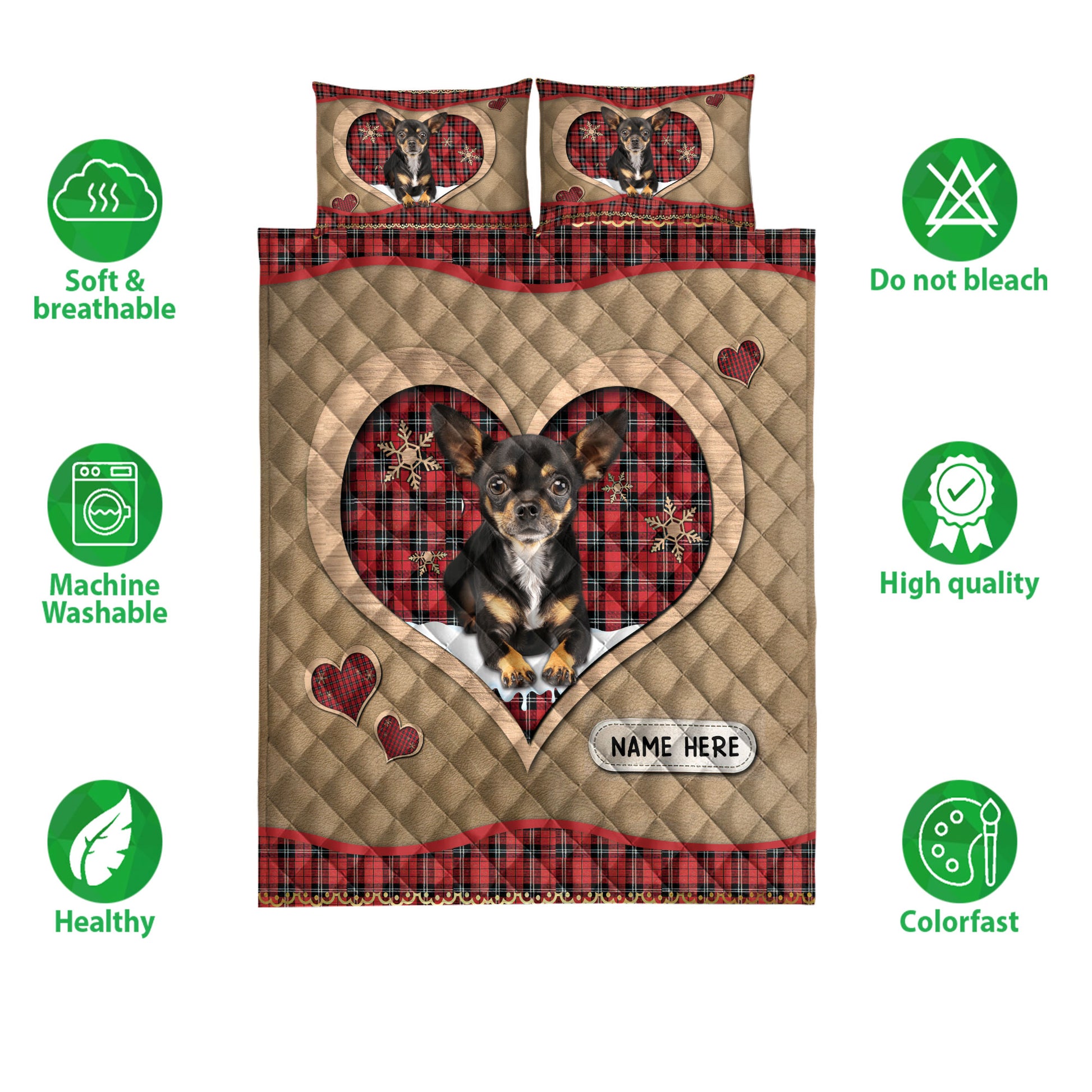 Ohaprints-Quilt-Bed-Set-Pillowcase-Chihuahua-Christmas-Heart-Red-Plaid-Custom-Personalized-Name-Blanket-Bedspread-Bedding-4264-Double (70'' x 80'')