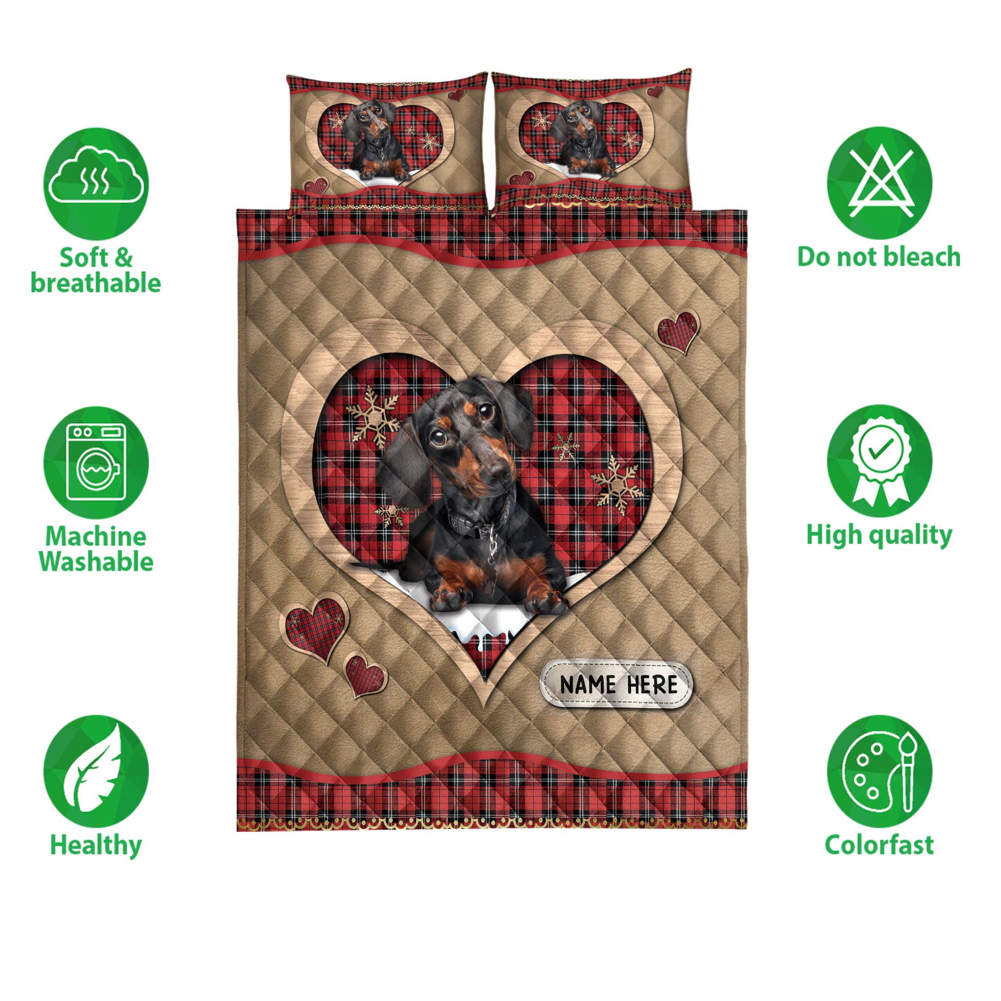 Ohaprints-Quilt-Bed-Set-Pillowcase-Dachshund-Christmas-Heart-Red-Plaid-Custom-Personalized-Name-Blanket-Bedspread-Bedding-4265-Double (70'' x 80'')