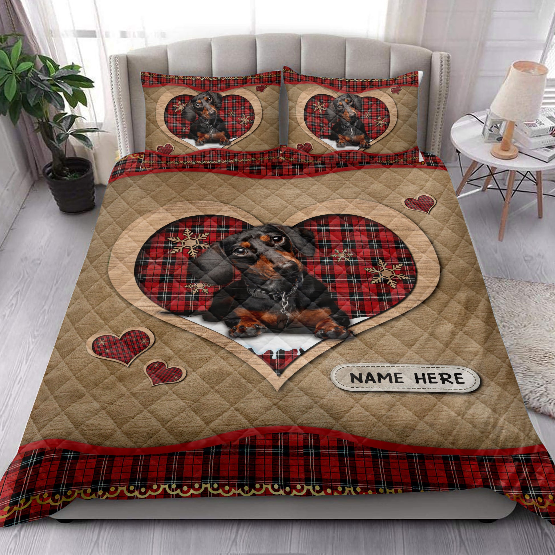 Ohaprints-Quilt-Bed-Set-Pillowcase-Dachshund-Christmas-Heart-Red-Plaid-Custom-Personalized-Name-Blanket-Bedspread-Bedding-4265-King (90'' x 100'')