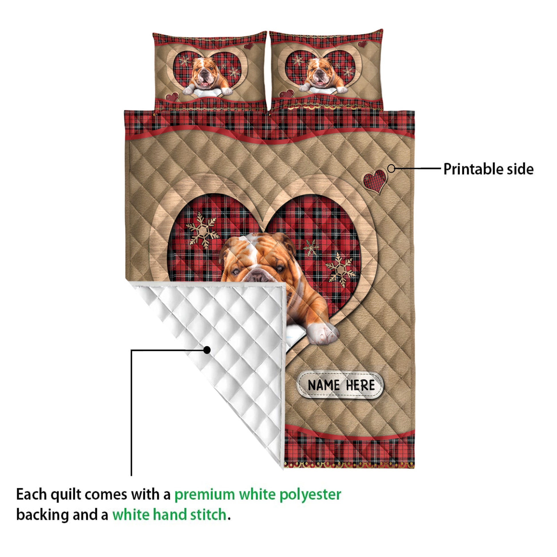 Ohaprints-Quilt-Bed-Set-Pillowcase-English-Bulldog-Christmas-Heart-Red-Plaid-Custom-Personalized-Name-Blanket-Bedspread-Bedding-4266-Queen (80'' x 90'')