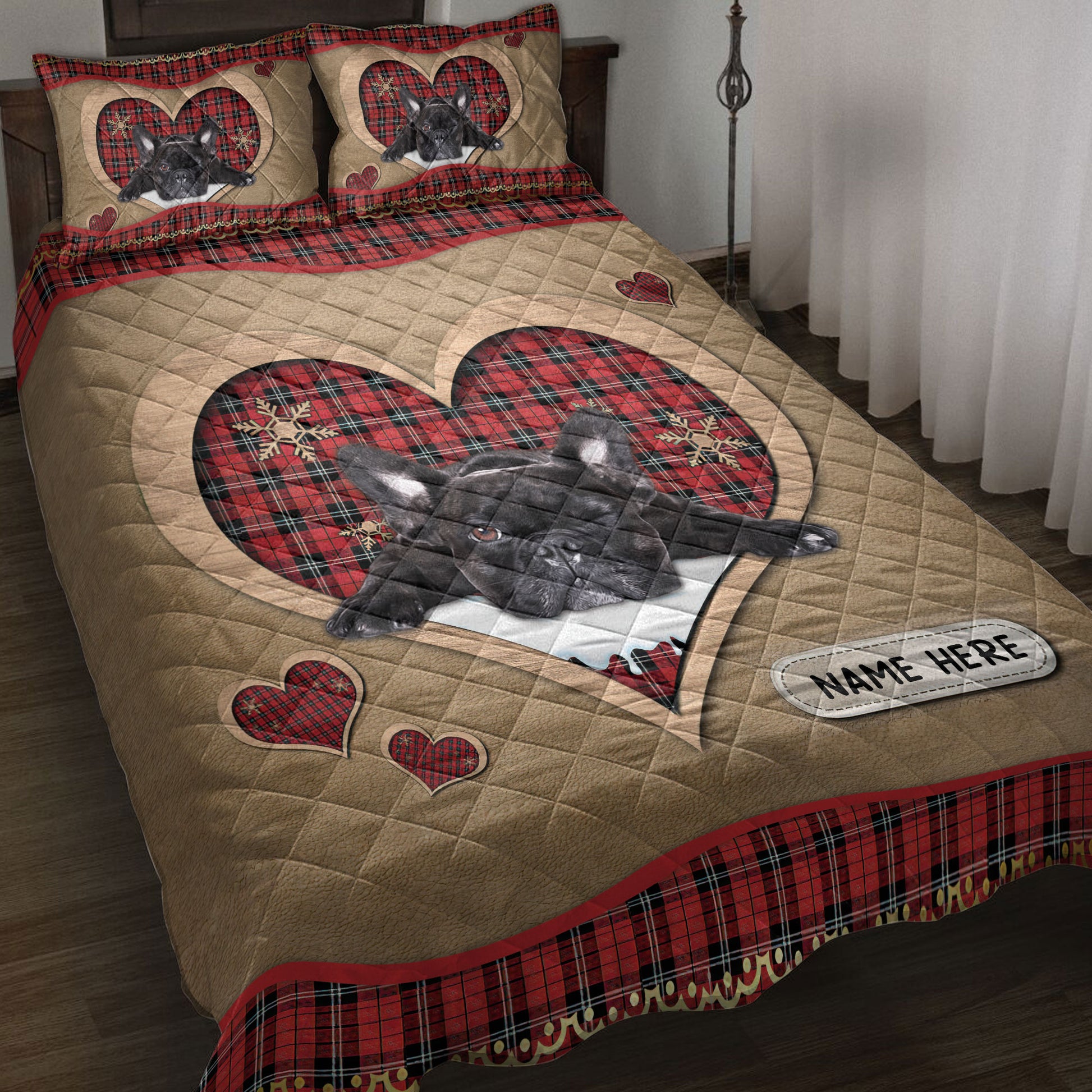 Ohaprints-Quilt-Bed-Set-Pillowcase-Black-Pug-Christmas-Heart-Red-Plaid-Custom-Personalized-Name-Blanket-Bedspread-Bedding-4267-Throw (55'' x 60'')