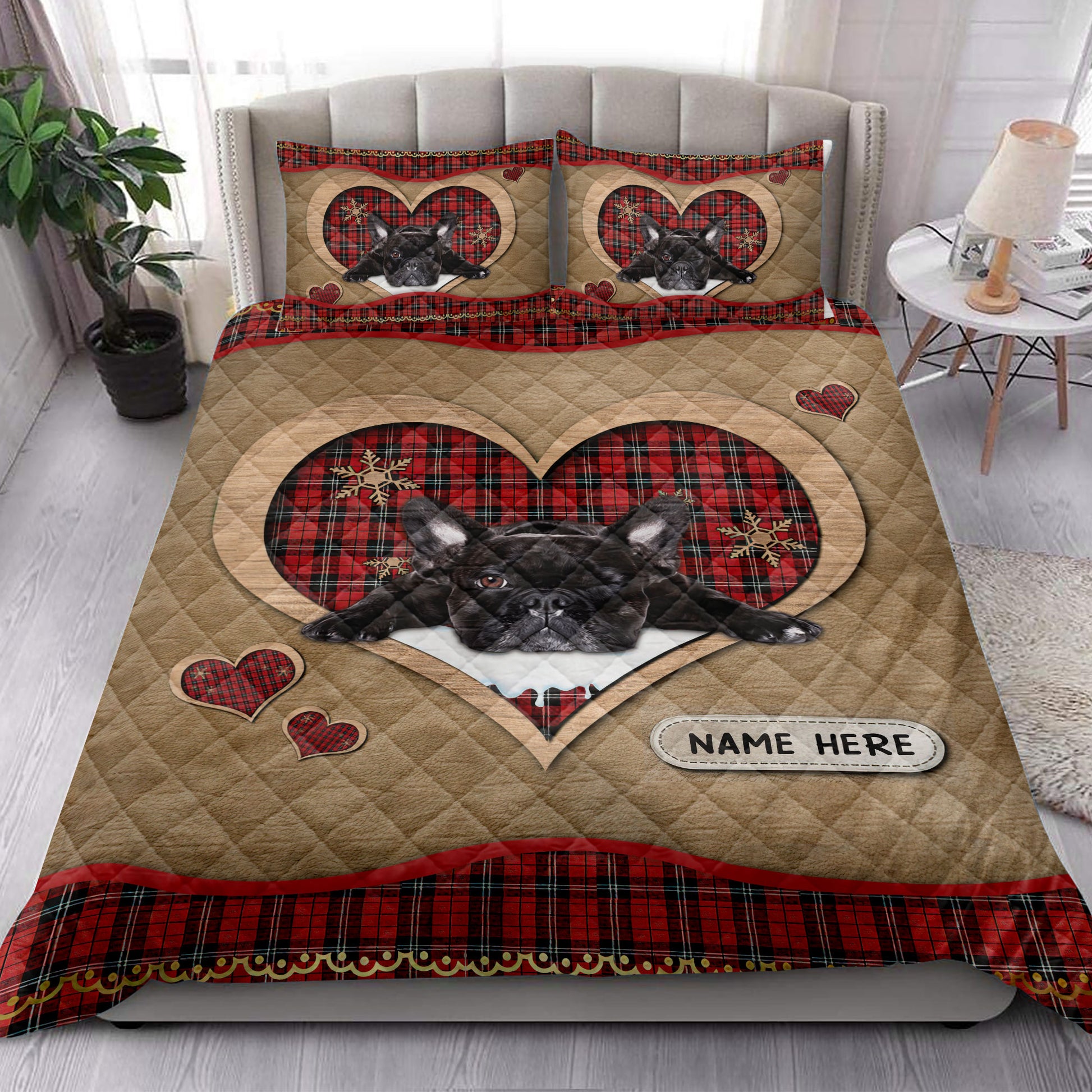 Ohaprints-Quilt-Bed-Set-Pillowcase-Black-Pug-Christmas-Heart-Red-Plaid-Custom-Personalized-Name-Blanket-Bedspread-Bedding-4267-King (90'' x 100'')