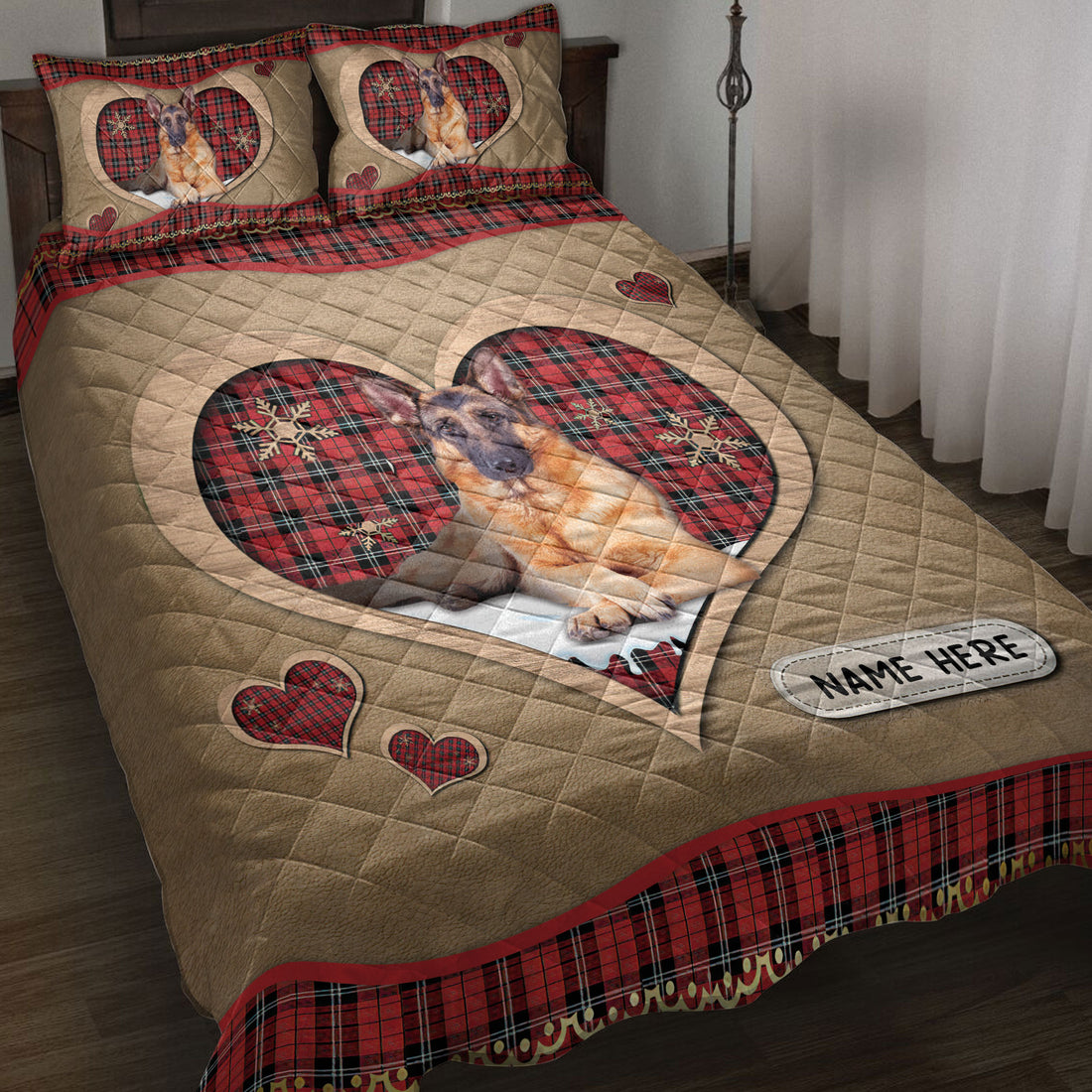 Ohaprints-Quilt-Bed-Set-Pillowcase-German-Shepherd-Christmas-Heart-Red-Plaid-Custom-Personalized-Name-Blanket-Bedspread-Bedding-4268-Throw (55'' x 60'')