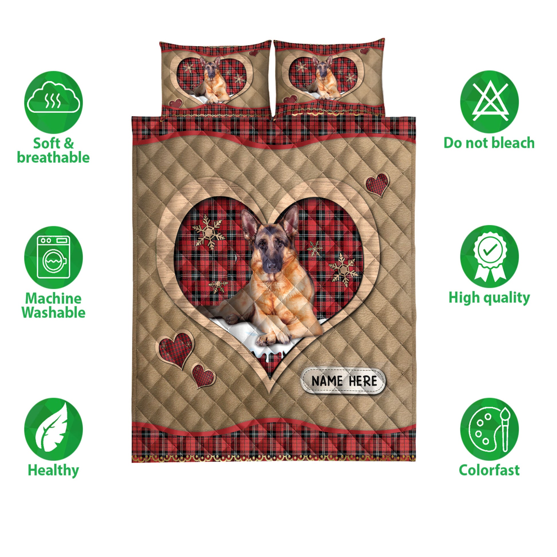 Ohaprints-Quilt-Bed-Set-Pillowcase-German-Shepherd-Christmas-Heart-Red-Plaid-Custom-Personalized-Name-Blanket-Bedspread-Bedding-4268-Double (70'' x 80'')