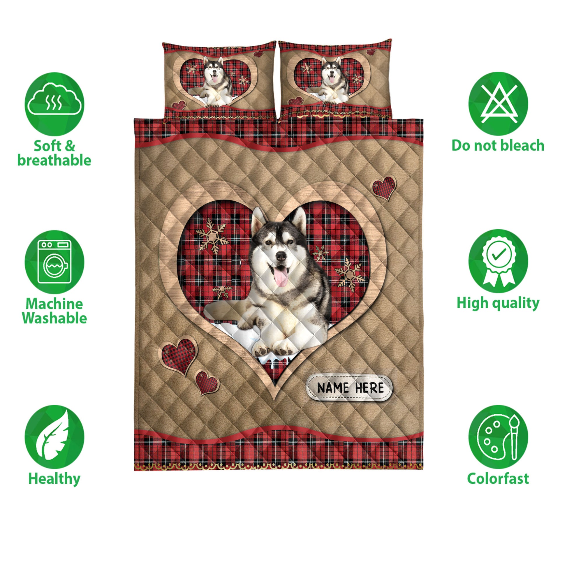 Ohaprints-Quilt-Bed-Set-Pillowcase-Husky-Sibir-Christmas-Heart-Red-Plaid-Custom-Personalized-Name-Blanket-Bedspread-Bedding-4269-Double (70'' x 80'')