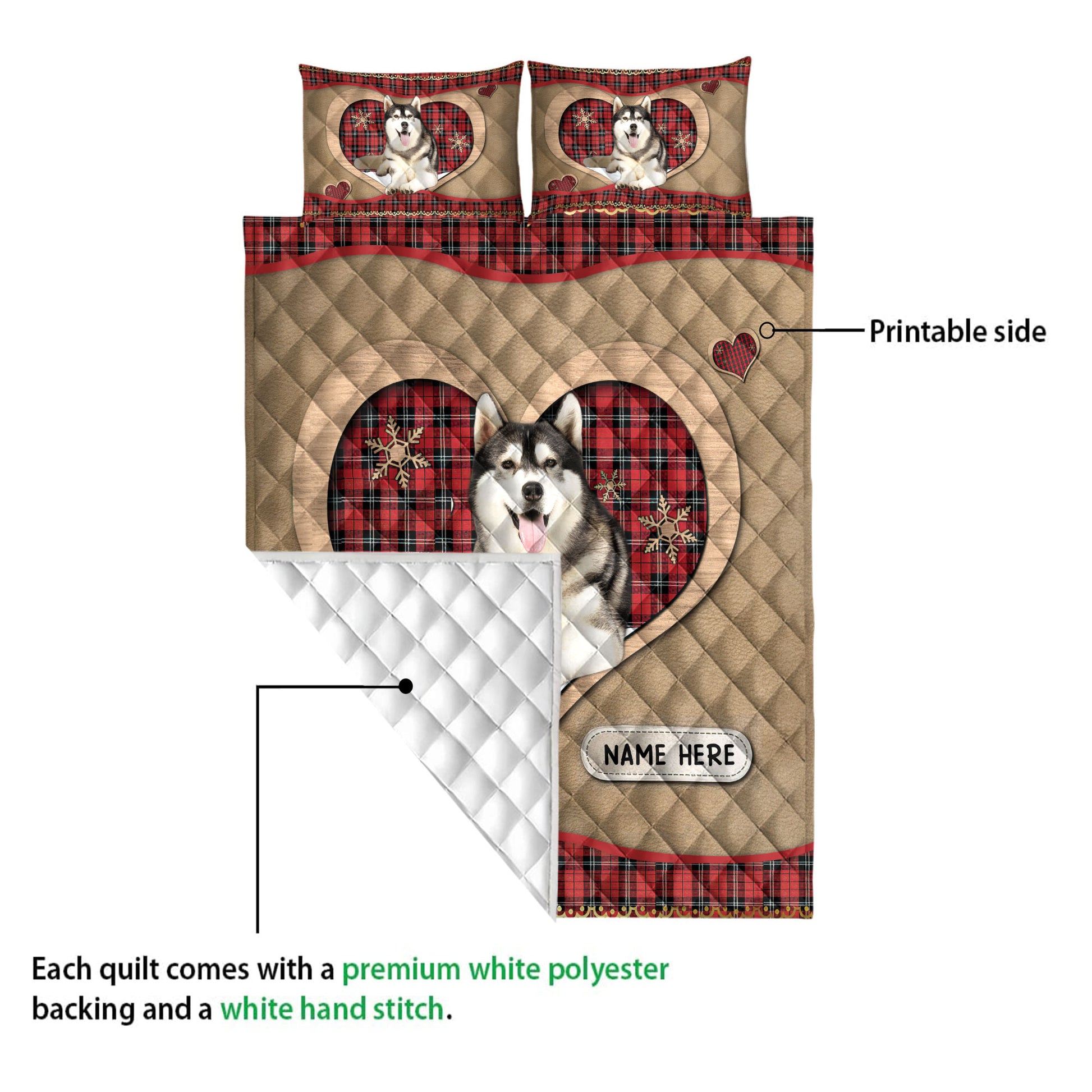 Ohaprints-Quilt-Bed-Set-Pillowcase-Husky-Sibir-Christmas-Heart-Red-Plaid-Custom-Personalized-Name-Blanket-Bedspread-Bedding-4269-Queen (80'' x 90'')