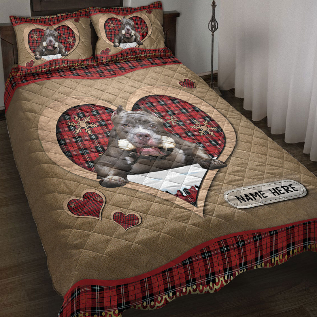 Ohaprints-Quilt-Bed-Set-Pillowcase-Pitbull-Christmas-Heart-Red-Plaid-Custom-Personalized-Name-Blanket-Bedspread-Bedding-4270-Throw (55'' x 60'')