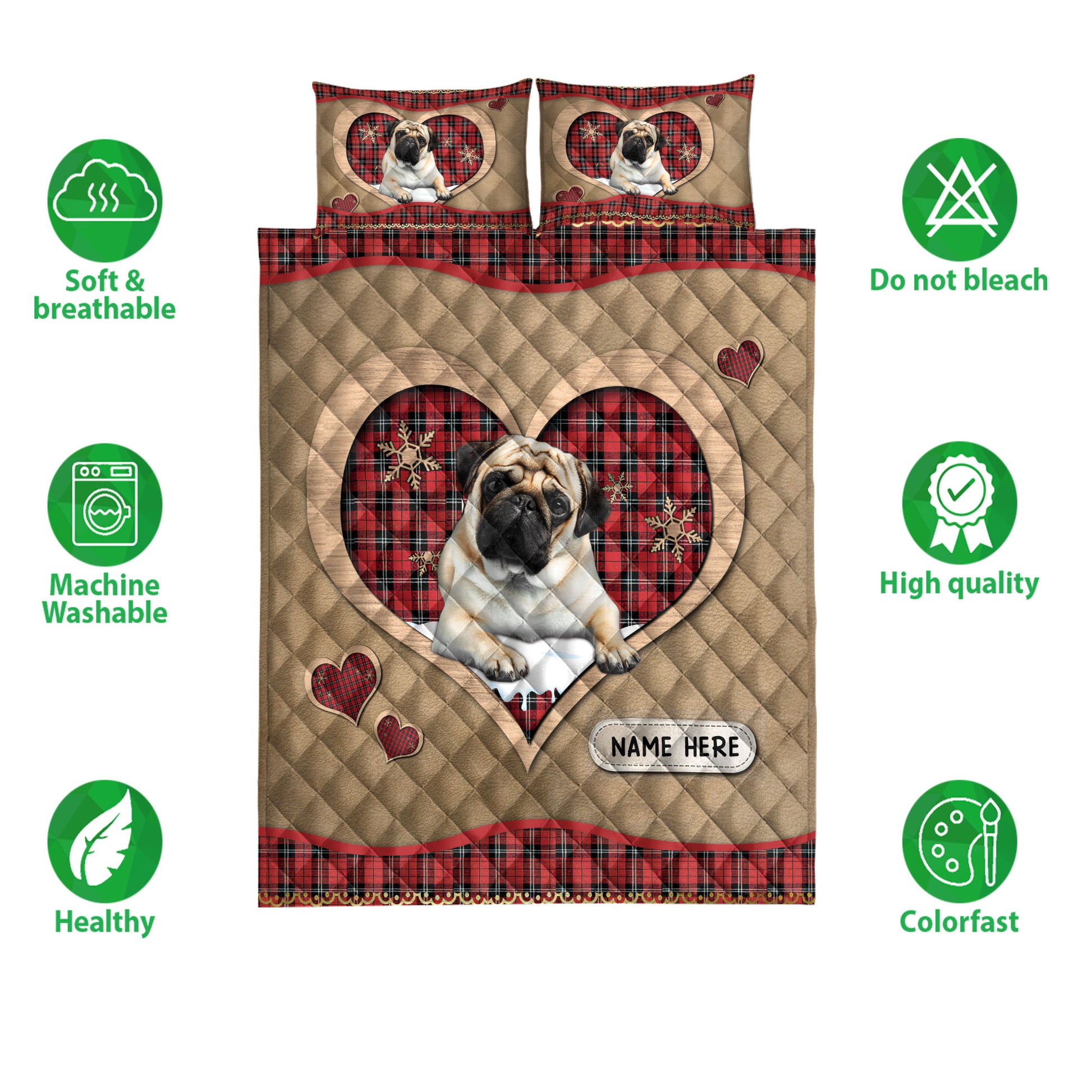 Ohaprints-Quilt-Bed-Set-Pillowcase-Pug-Christmas-Heart-Red-Plaid-Custom-Personalized-Name-Blanket-Bedspread-Bedding-4271-Double (70'' x 80'')