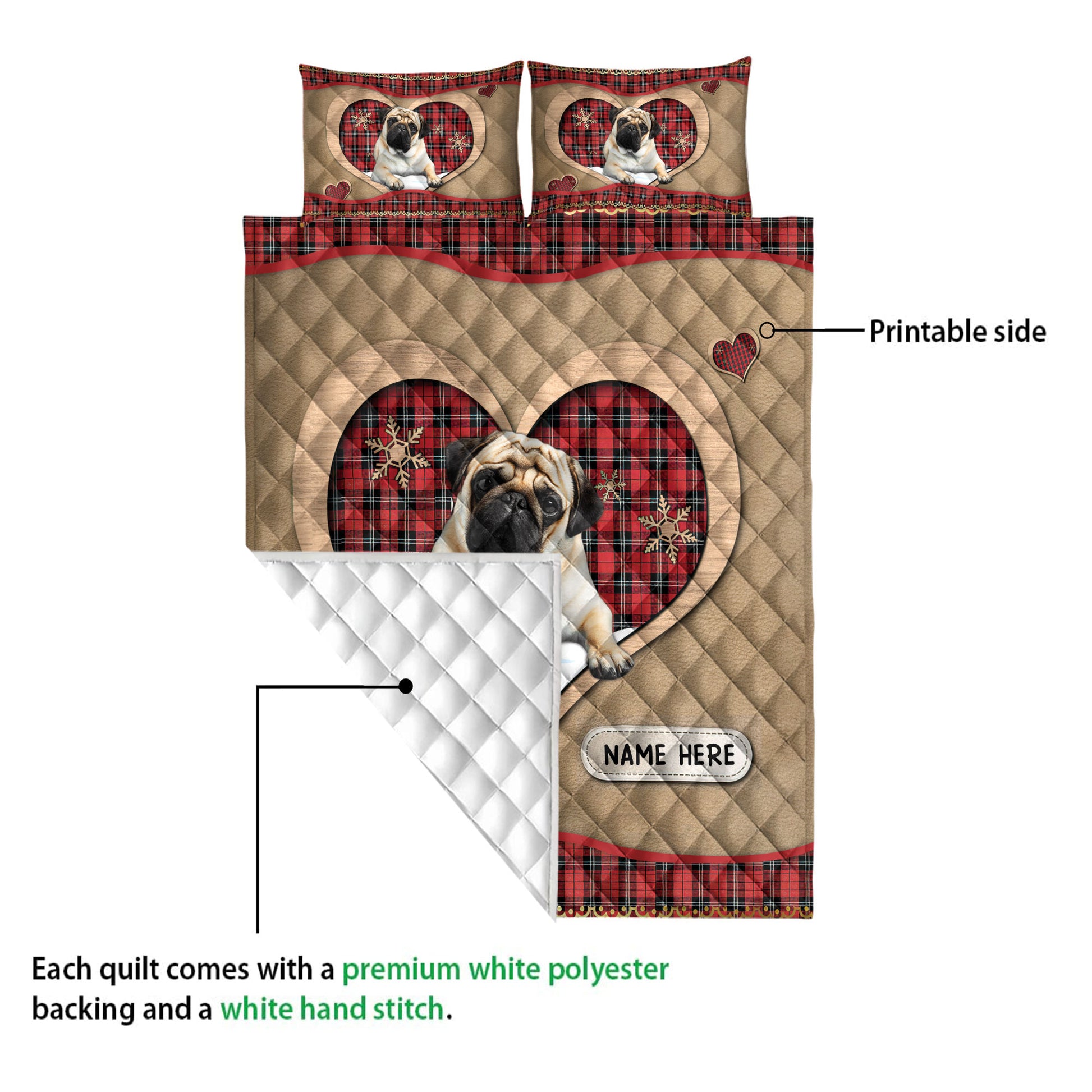 Ohaprints-Quilt-Bed-Set-Pillowcase-Pug-Christmas-Heart-Red-Plaid-Custom-Personalized-Name-Blanket-Bedspread-Bedding-4271-Queen (80'' x 90'')