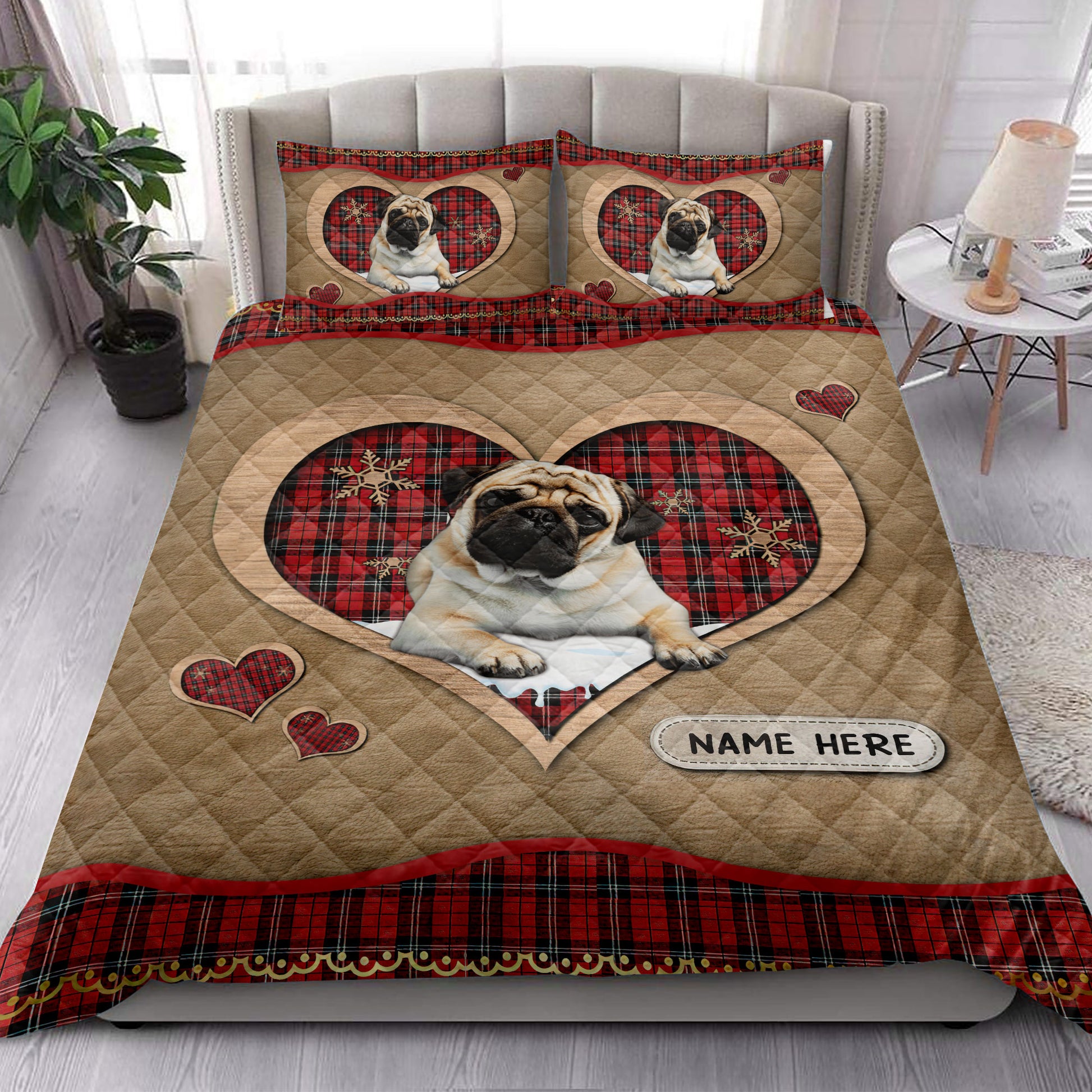 Ohaprints-Quilt-Bed-Set-Pillowcase-Pug-Christmas-Heart-Red-Plaid-Custom-Personalized-Name-Blanket-Bedspread-Bedding-4271-King (90'' x 100'')