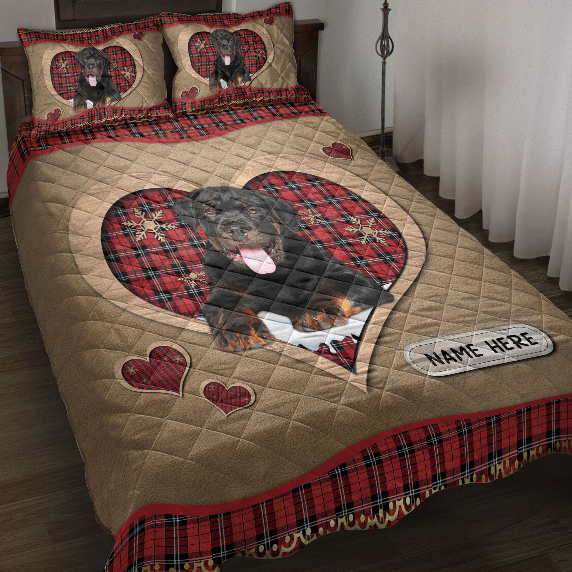 Ohaprints-Quilt-Bed-Set-Pillowcase-Rottweiler-Christmas-Heart-Red-Plaid-Custom-Personalized-Name-Blanket-Bedspread-Bedding-4272-Throw (55'' x 60'')