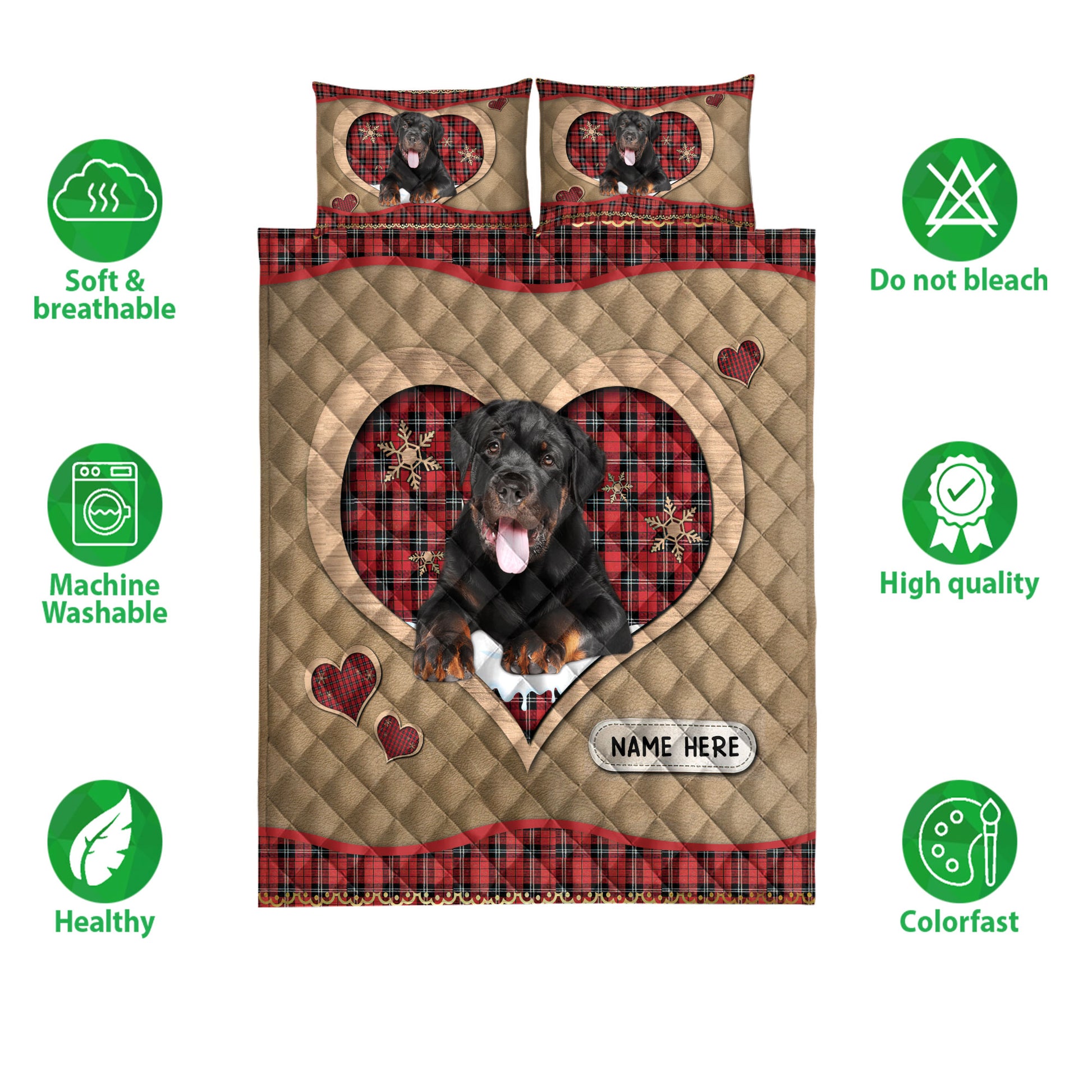 Ohaprints-Quilt-Bed-Set-Pillowcase-Rottweiler-Christmas-Heart-Red-Plaid-Custom-Personalized-Name-Blanket-Bedspread-Bedding-4272-Double (70'' x 80'')