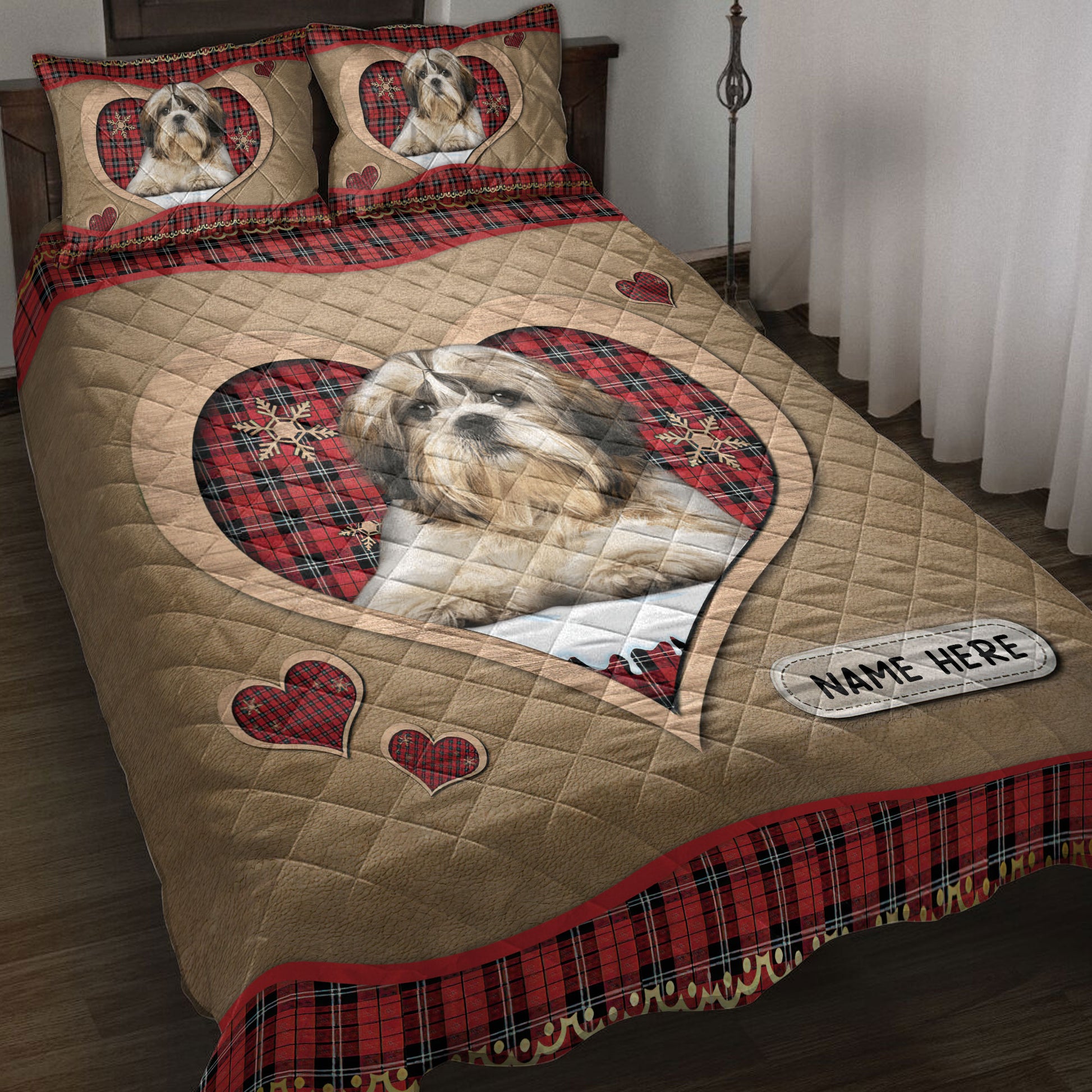 Ohaprints-Quilt-Bed-Set-Pillowcase-Shih-Tzu-Christmas-Heart-Red-Plaid-Custom-Personalized-Name-Blanket-Bedspread-Bedding-4274-Throw (55'' x 60'')