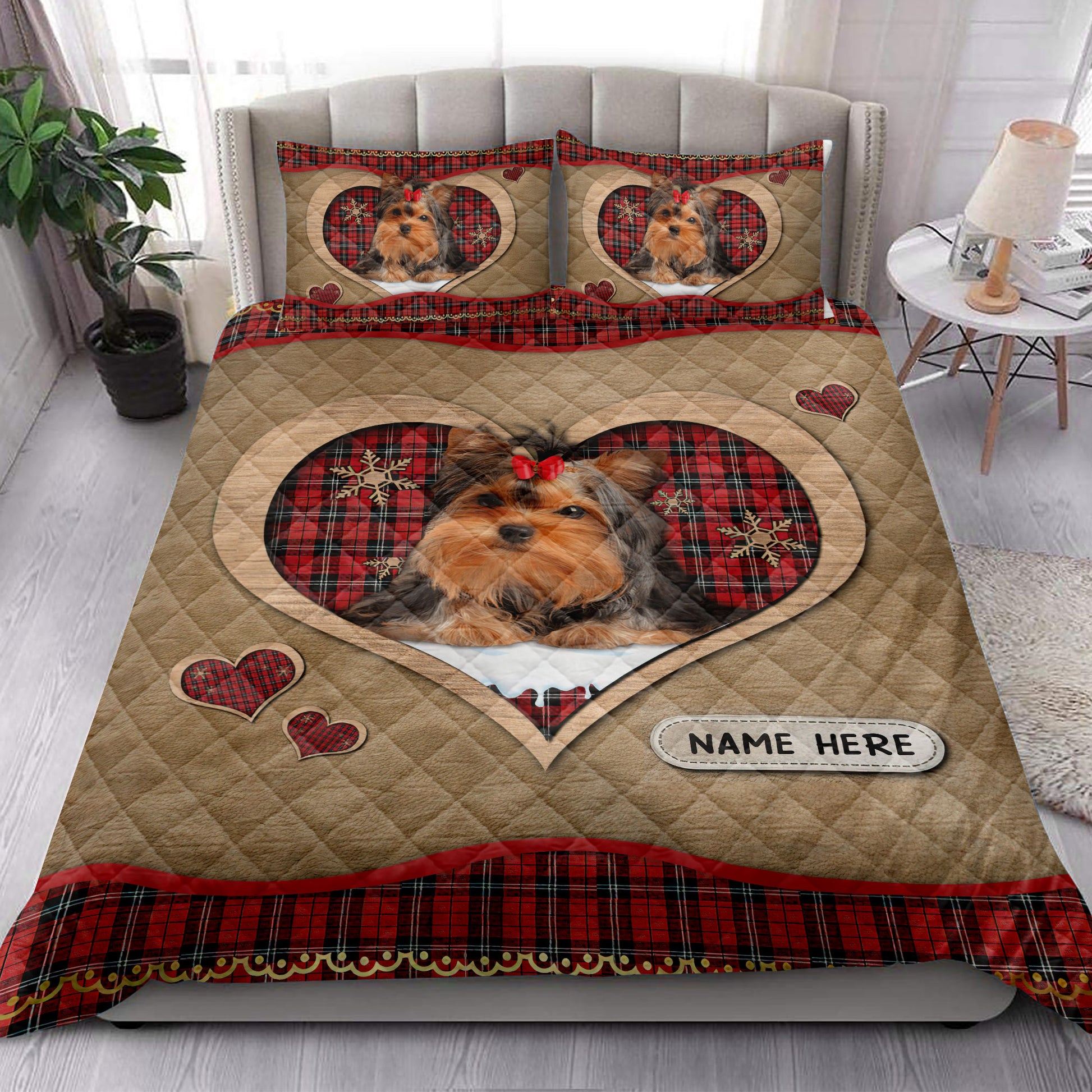 Ohaprints-Quilt-Bed-Set-Pillowcase-Yorkshire-Terrier-Christmas-Heart-Red-Plaid-Custom-Personalized-Name-Blanket-Bedspread-Bedding-4275-King (90'' x 100'')