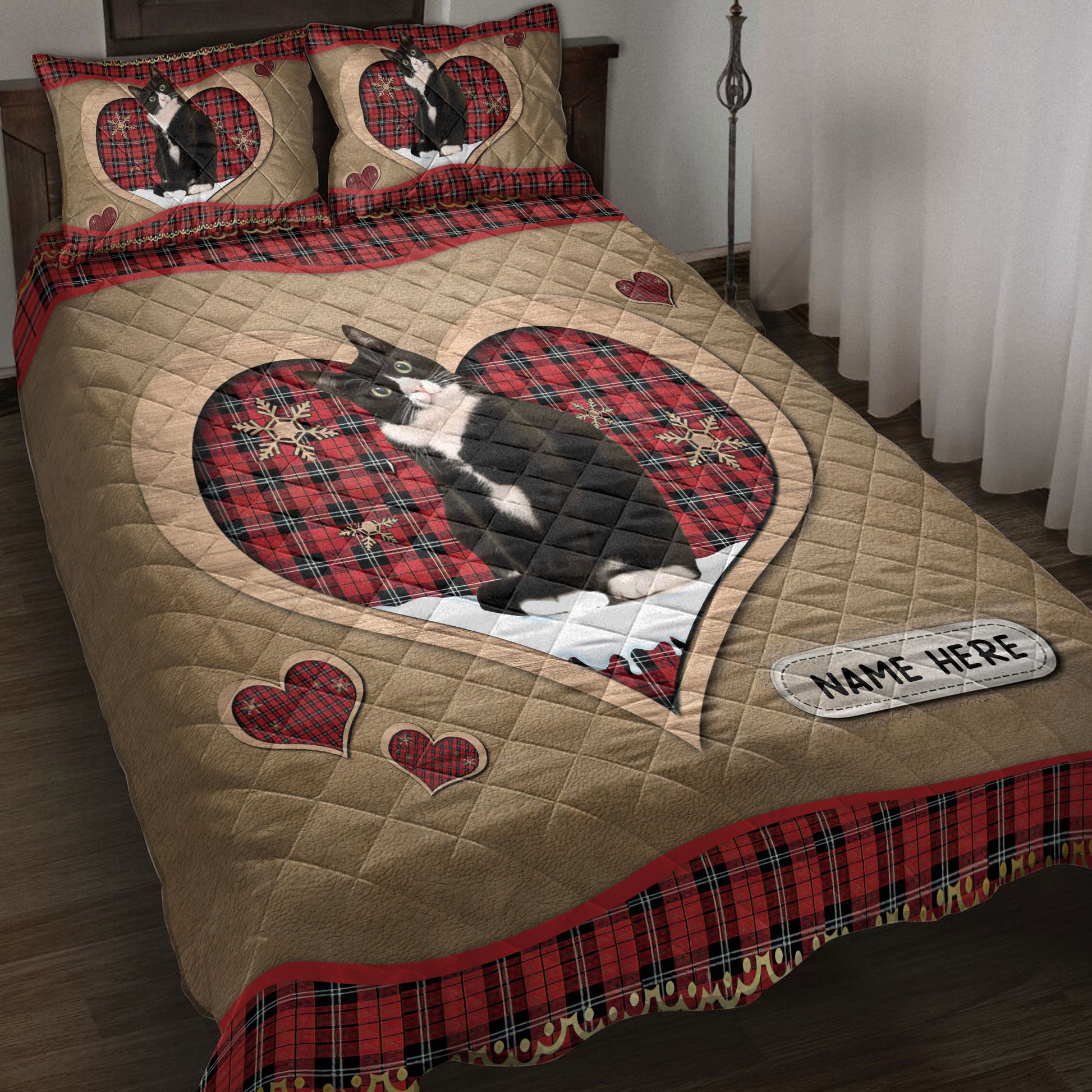 Ohaprints-Quilt-Bed-Set-Pillowcase-Tuxedo-Cat-Christmas-Heart-Red-Plaid-Custom-Personalized-Name-Blanket-Bedspread-Bedding-4277-Throw (55'' x 60'')