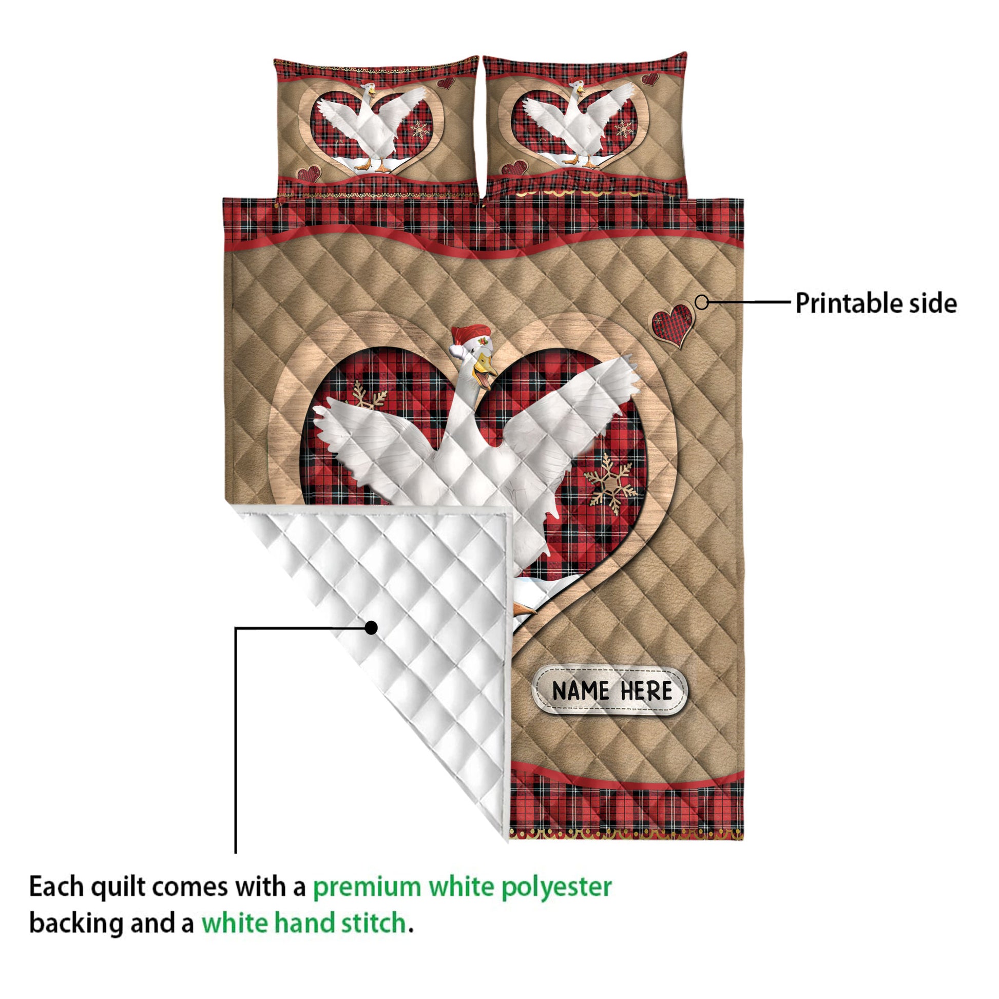 Ohaprints-Quilt-Bed-Set-Pillowcase-Duck-Christmas-Heart-Red-Plaid-Custom-Personalized-Name-Blanket-Bedspread-Bedding-4278-Queen (80'' x 90'')