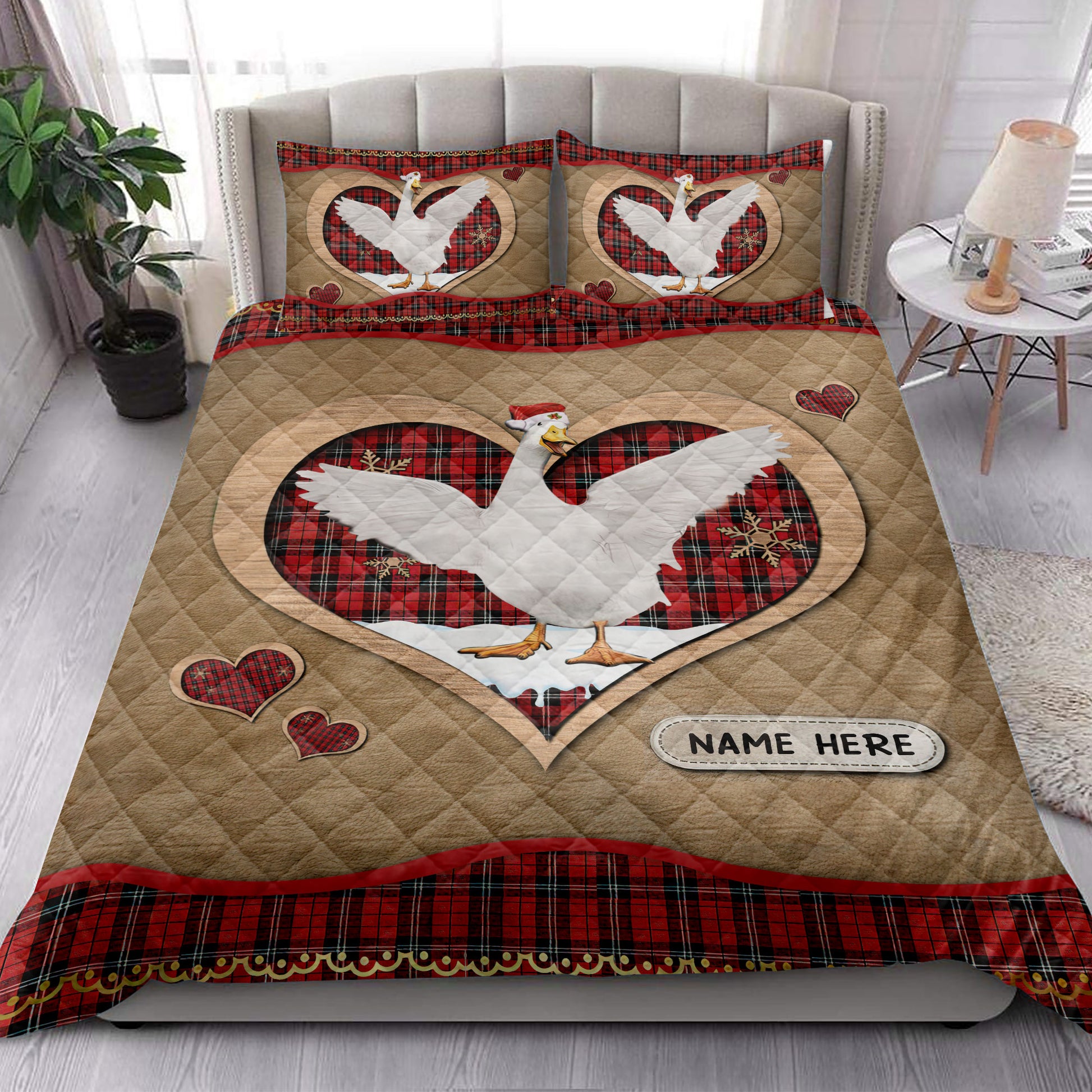 Ohaprints-Quilt-Bed-Set-Pillowcase-Duck-Christmas-Heart-Red-Plaid-Custom-Personalized-Name-Blanket-Bedspread-Bedding-4278-King (90'' x 100'')