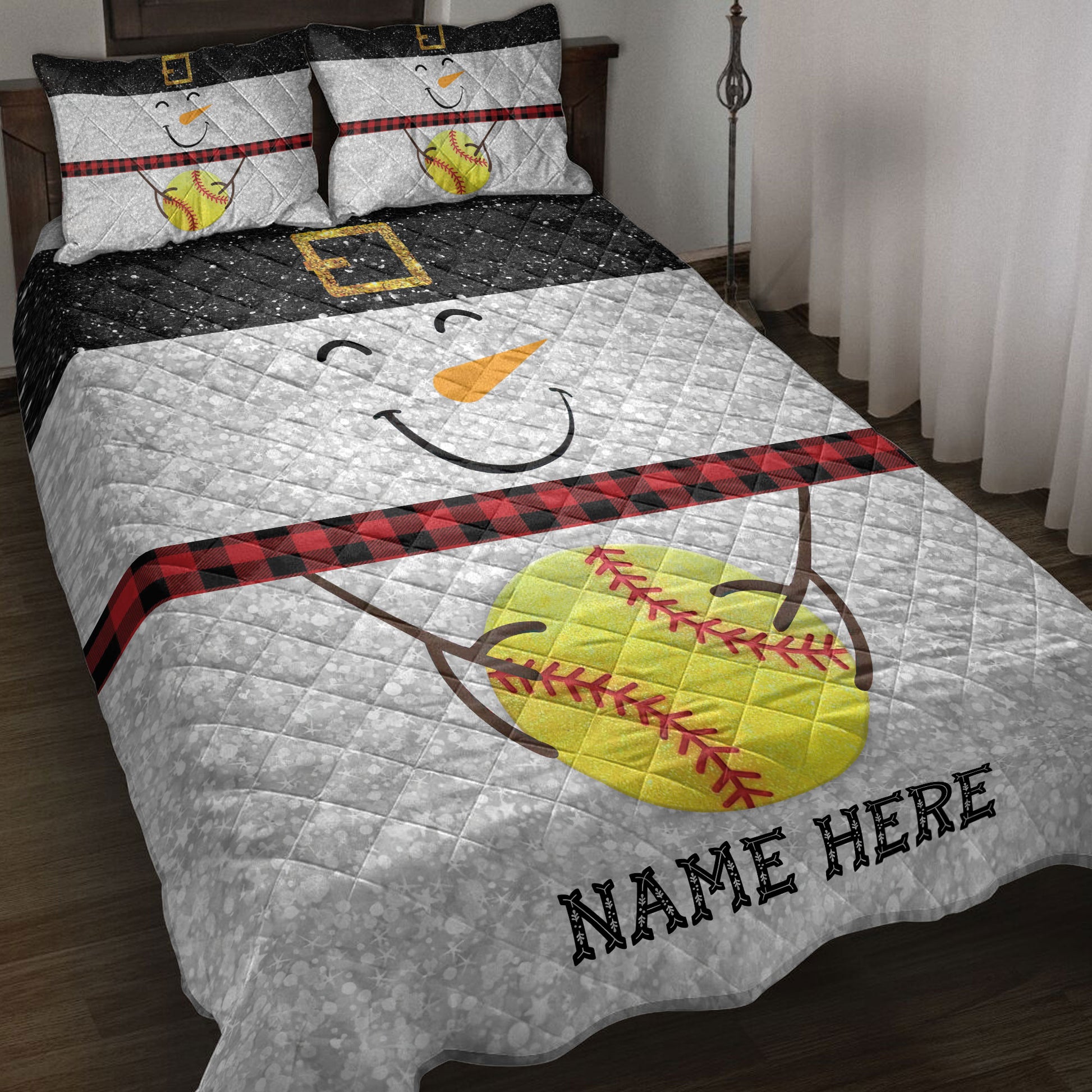 Ohaprints-Quilt-Bed-Set-Pillowcase-Funny-Snowman-Bring-Christmas-Gift-Softball-Glitter-Buffalo-Plaid-Blanket-Bedspread-Bedding-3984-Throw (55'' x 60'')