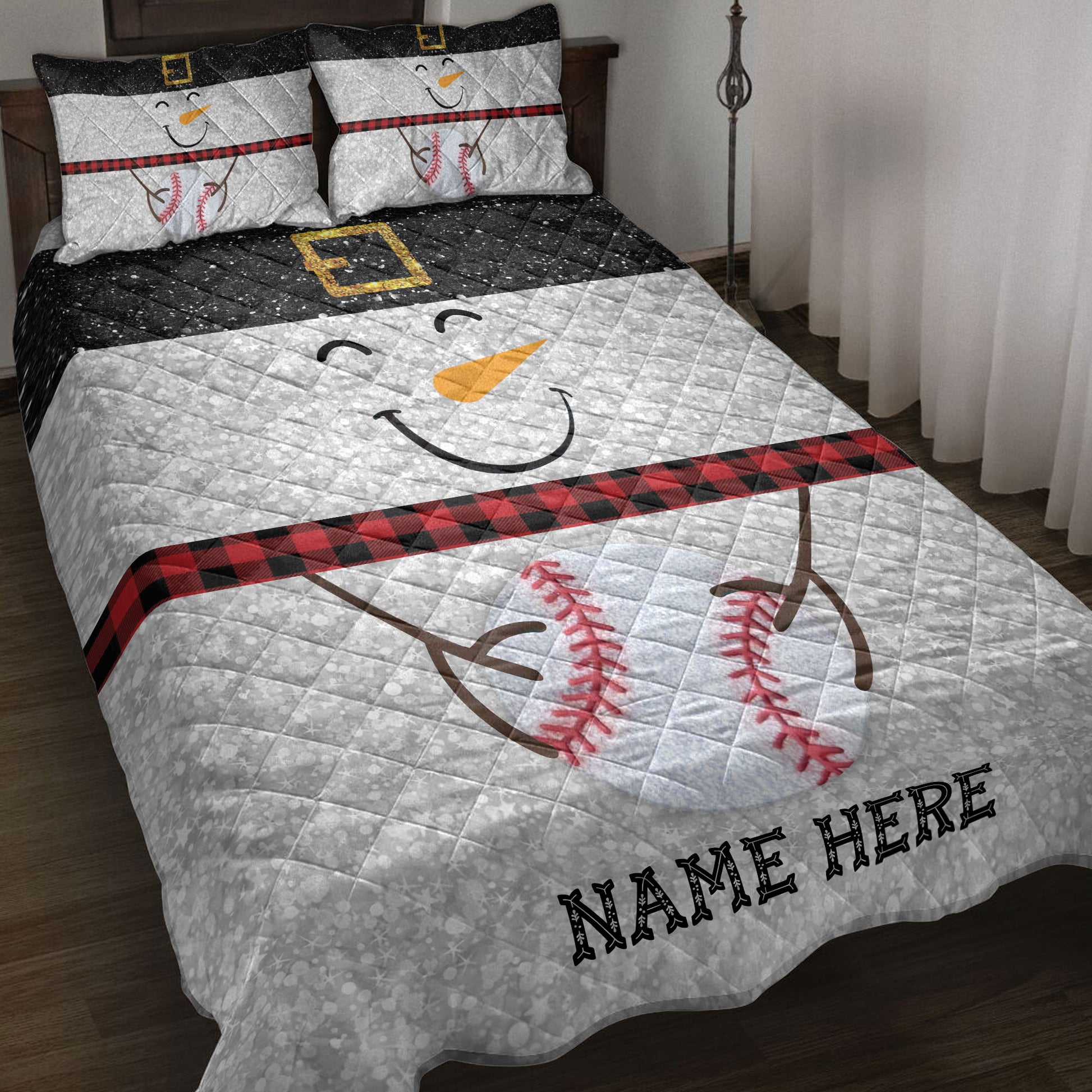 Ohaprints-Quilt-Bed-Set-Pillowcase-Funny-Snowman-Bring-Christmas-Gift-Baseball-Glitter-Buffalo-Plaid-Blanket-Bedspread-Bedding-3985-Throw (55'' x 60'')