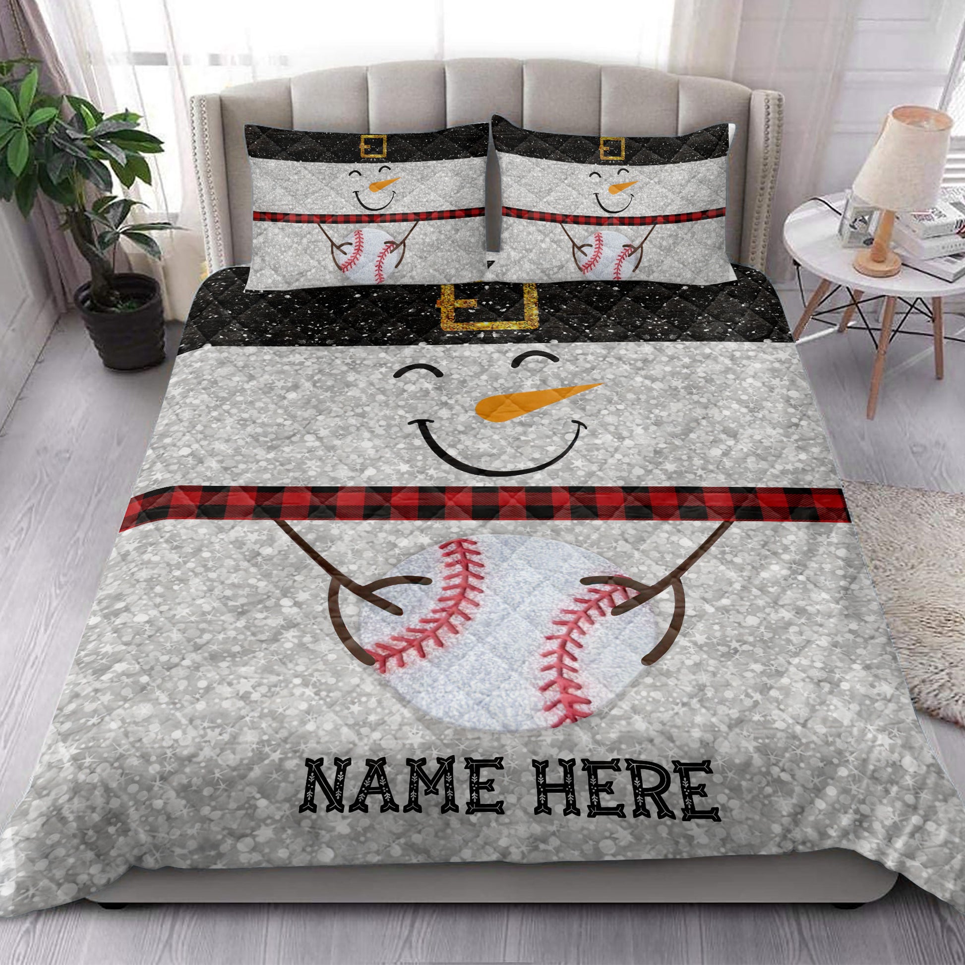 Ohaprints-Quilt-Bed-Set-Pillowcase-Funny-Snowman-Bring-Christmas-Gift-Baseball-Glitter-Buffalo-Plaid-Blanket-Bedspread-Bedding-3985-King (90'' x 100'')