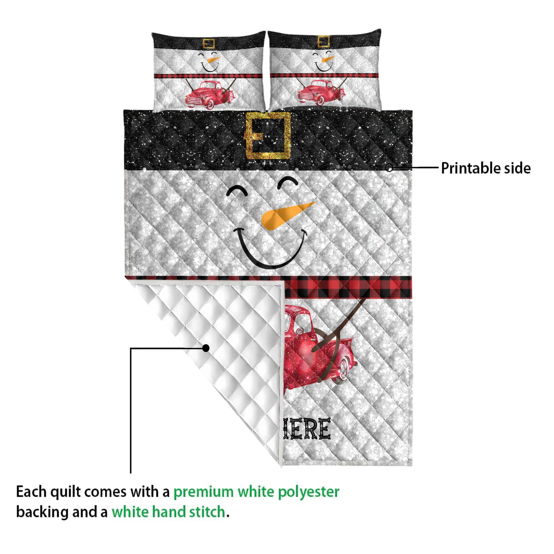 Ohaprints-Quilt-Bed-Set-Pillowcase-Funny-Snowman-Bring-Christmas-Gift-Red-Truck-Glitter-Buffalo-Plaid-Blanket-Bedspread-Bedding-3987-Queen (80'' x 90'')