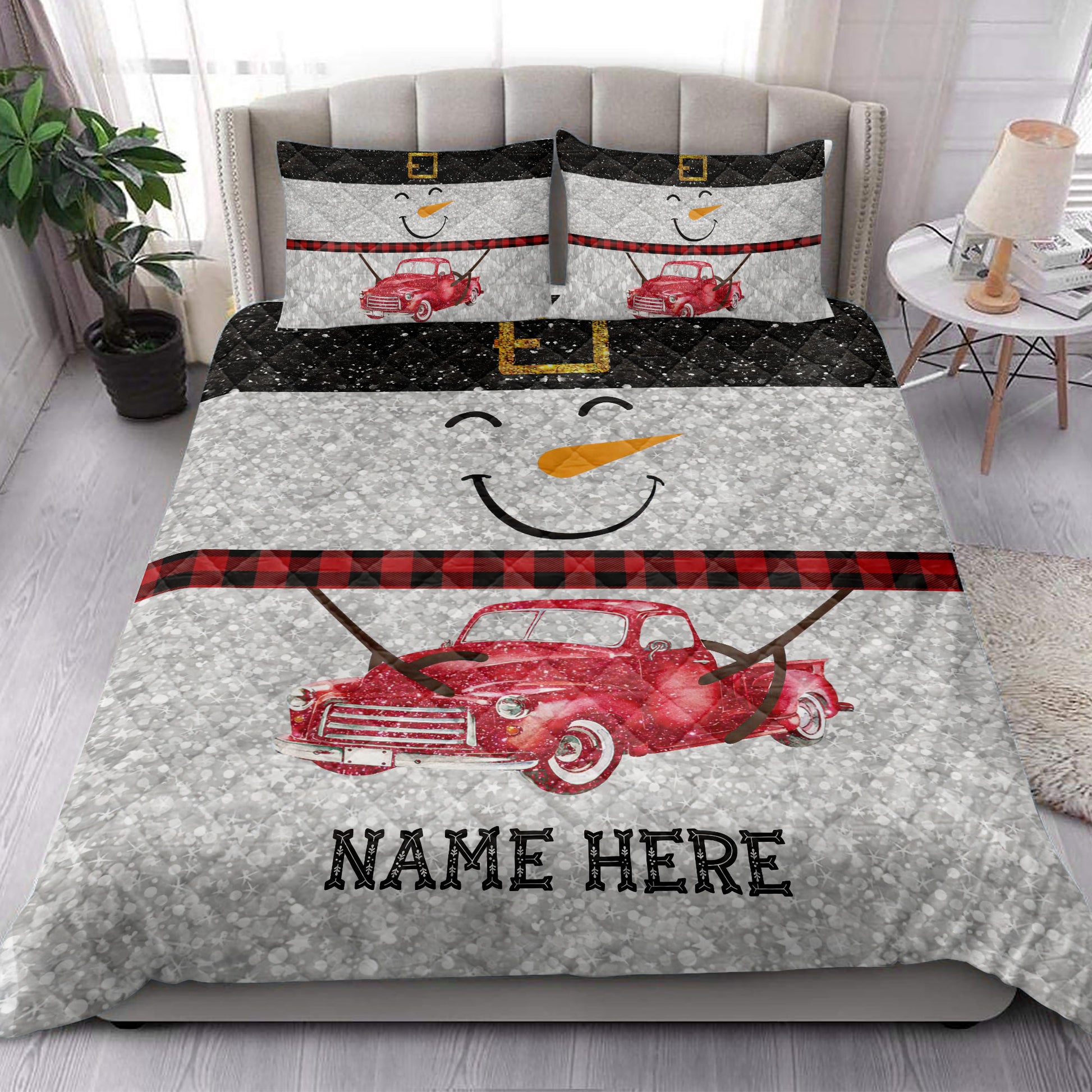 Ohaprints-Quilt-Bed-Set-Pillowcase-Funny-Snowman-Bring-Christmas-Gift-Red-Truck-Glitter-Buffalo-Plaid-Blanket-Bedspread-Bedding-3987-King (90'' x 100'')