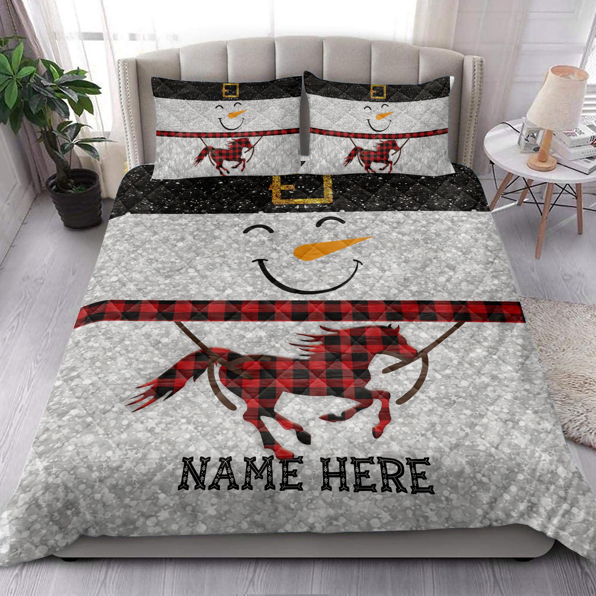 Ohaprints-Quilt-Bed-Set-Pillowcase-Funny-Snowman-Bring-Christmas-Gift-Horse-Glitter-Red-Buffalo-Plaid-Blanket-Bedspread-Bedding-3988-King (90'' x 100'')