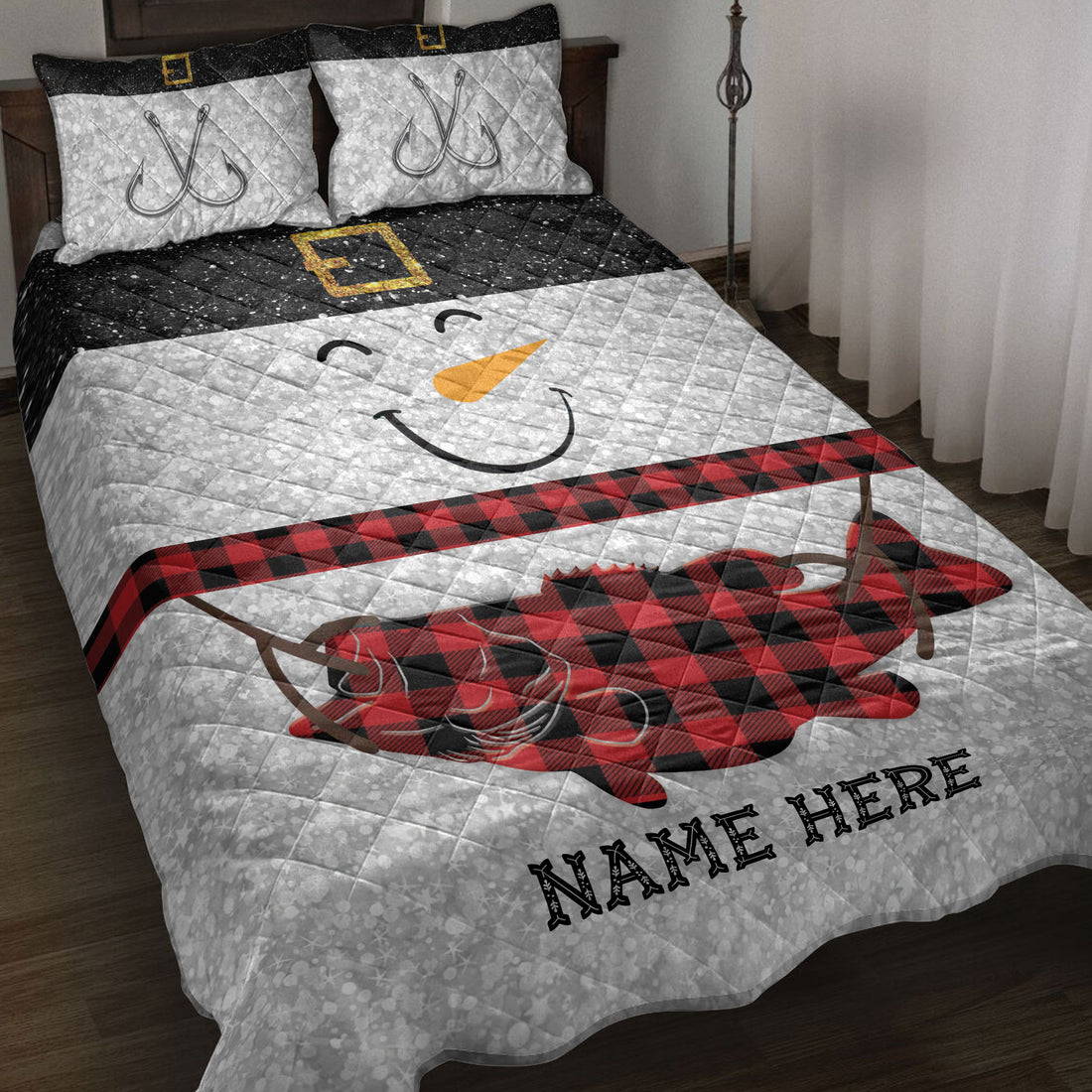 Ohaprints-Quilt-Bed-Set-Pillowcase-Funny-Snowman-Bring-Christmas-Gift-Fishing-Glitter-Red-Buffalo-Plaid-Blanket-Bedspread-Bedding-3989-Throw (55'' x 60'')