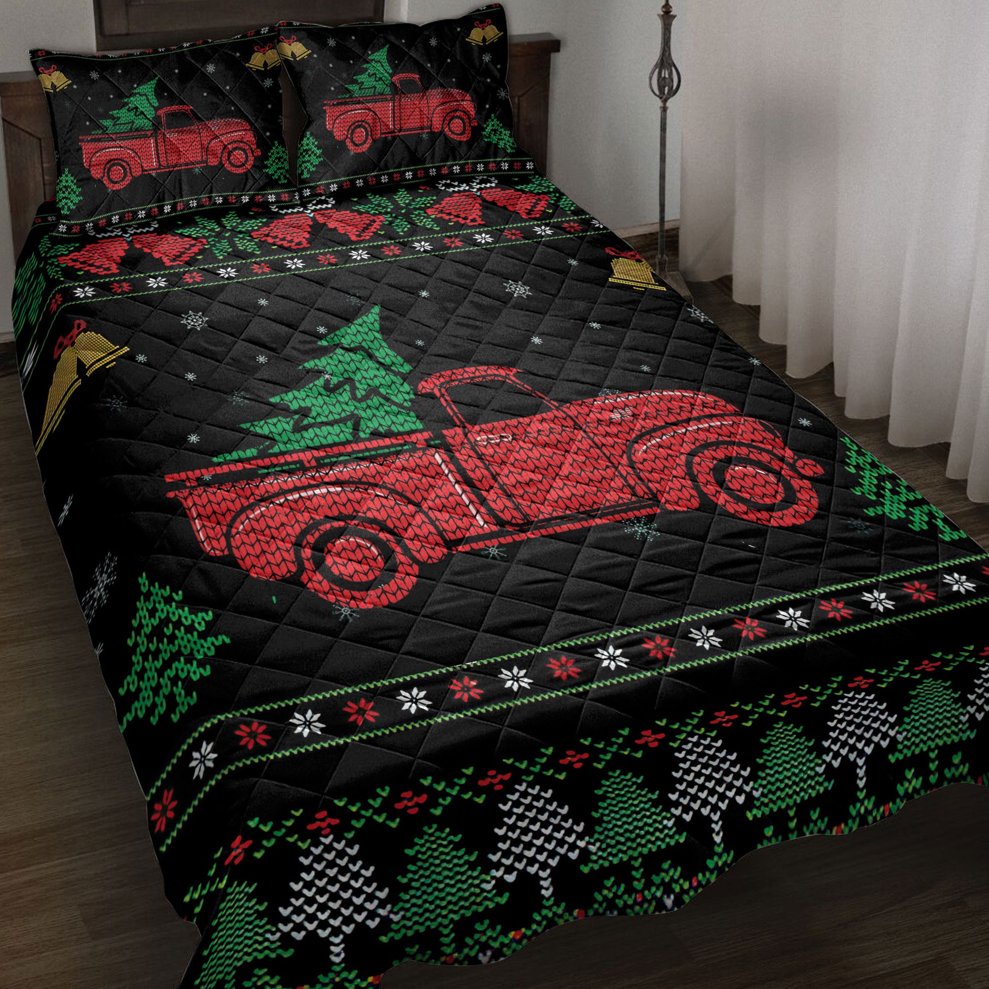 Ohaprints-Quilt-Bed-Set-Pillowcase-Red-Truck-With-Christmas-Tree-Snowflake-Bell-Ugly-Chrismas-Pattern-Blanket-Bedspread-Bedding-3991-Throw (55'' x 60'')