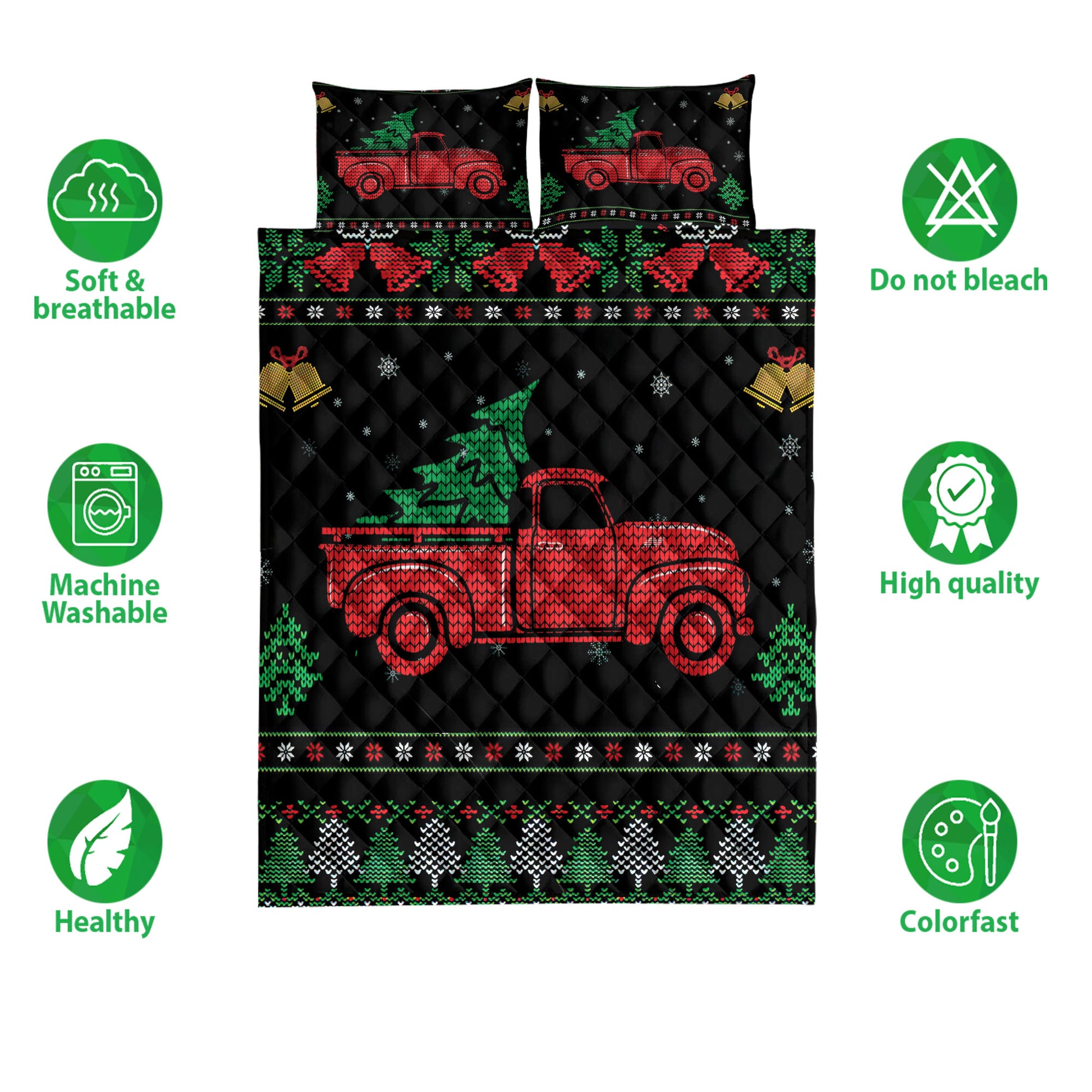 Ohaprints-Quilt-Bed-Set-Pillowcase-Red-Truck-With-Christmas-Tree-Snowflake-Bell-Ugly-Chrismas-Pattern-Blanket-Bedspread-Bedding-3991-Double (70'' x 80'')